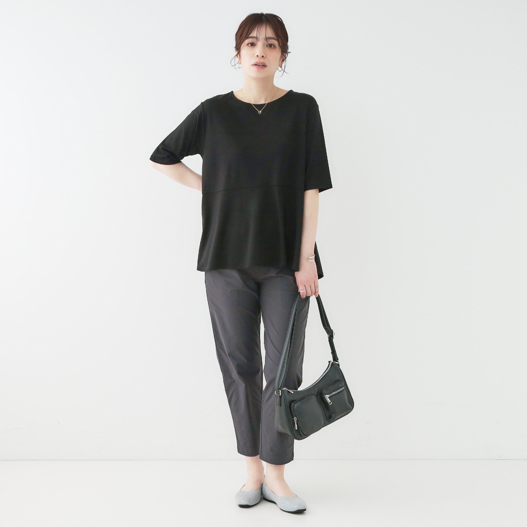 SHOO･LA･RUE「【ひんやり/UV】インせず着られる とろみペプラム5分袖トップス」|Tシャツ・カットソー|