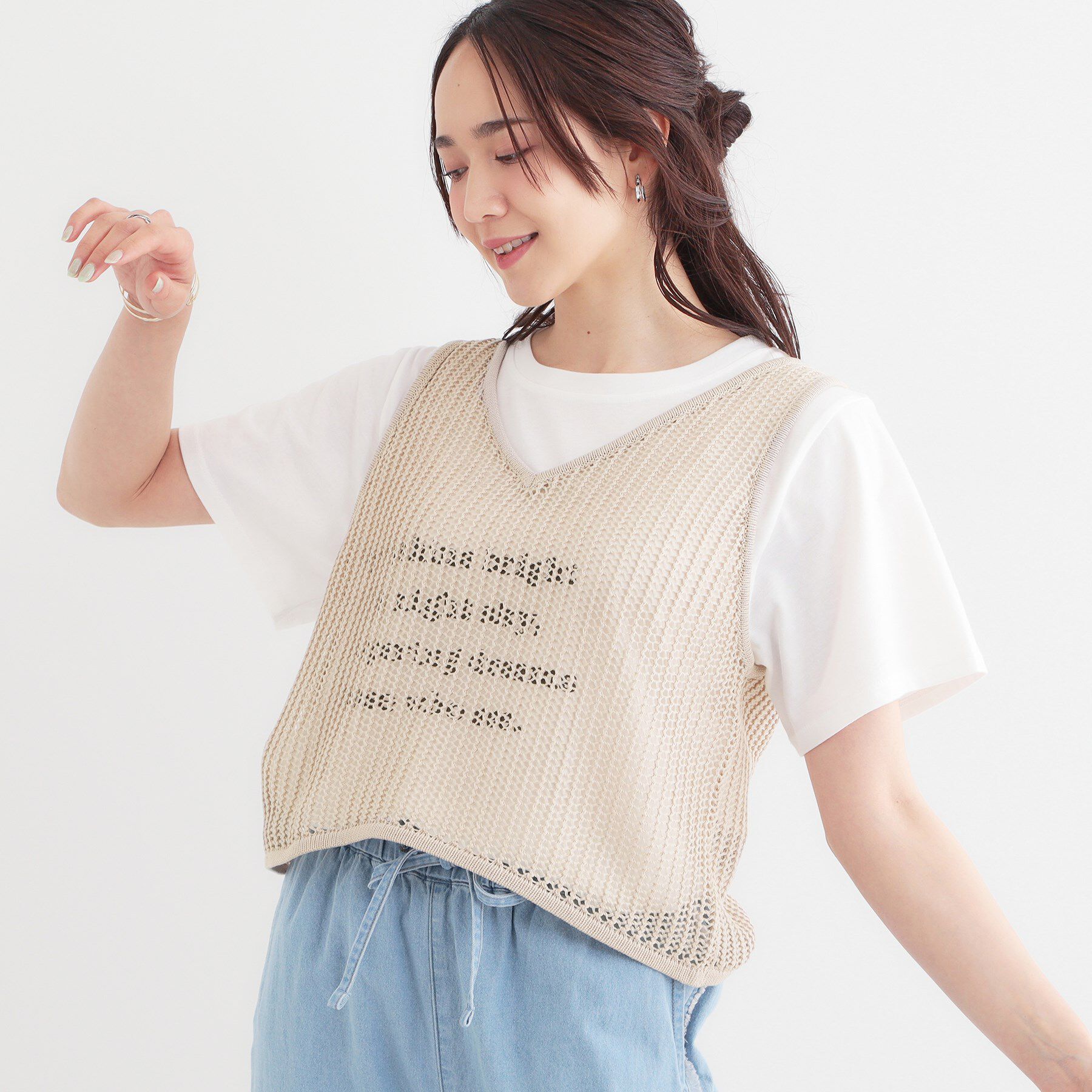 SHOO･LA･RUE「【2点セット】メッシュニットベスト&times;ロゴTシャツセット」|その他|アイボリー(004)