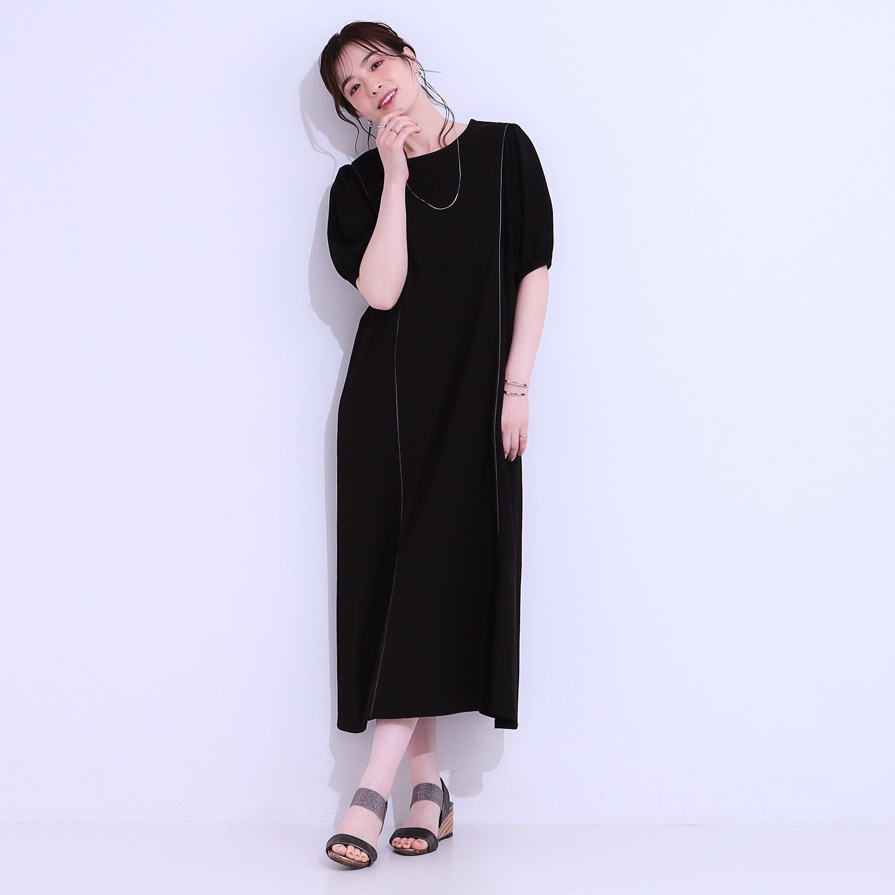 SHOO･LA･RUE「【ひんやり/S-LL】微配色ラインですっきり見え 大人のためのワンピース」|ワンピース|