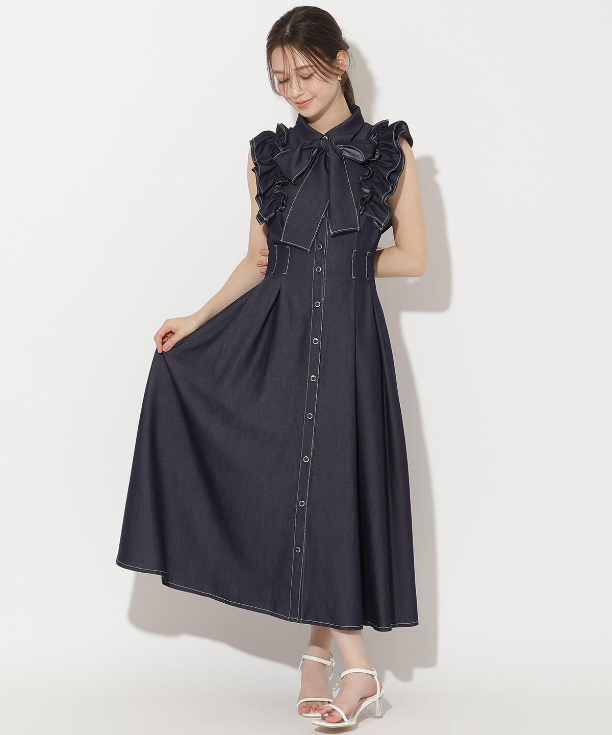 WILLSELECTION「フリルスリーブボウタイシャツワンピース」|ワンピース|ネイビー