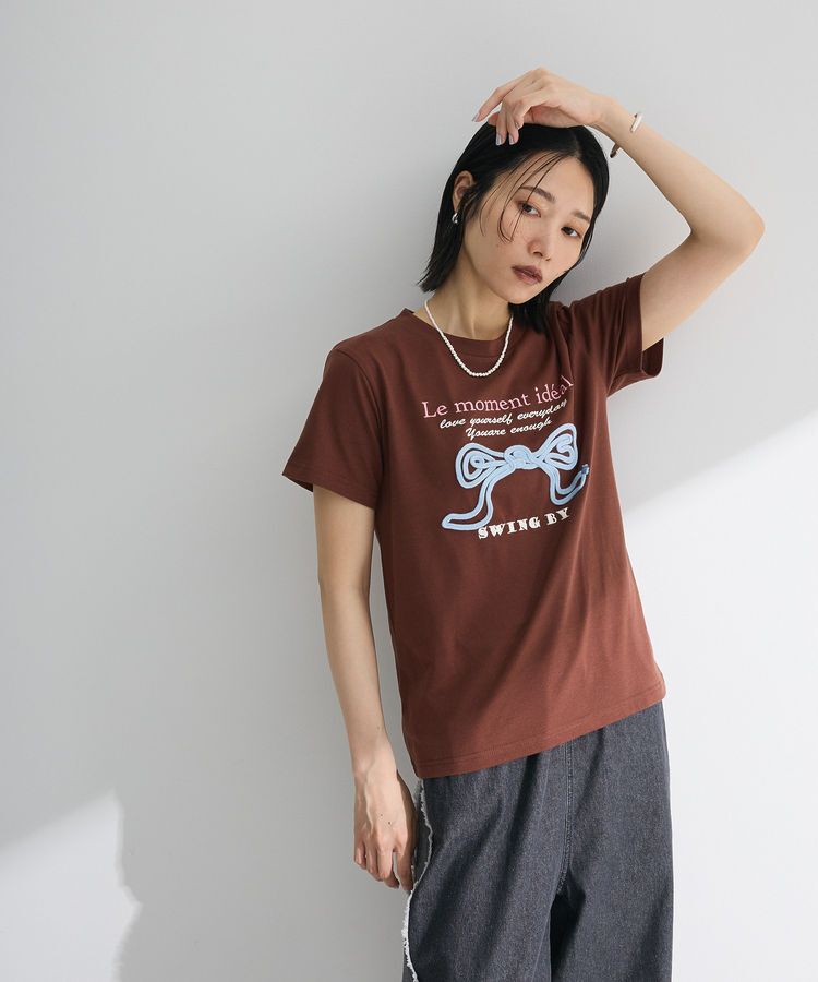 Green Parks「・swing by リボンモチーフコード刺繍TEE」|Tシャツ・カットソー|Brown