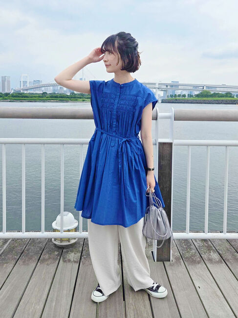 Samansa Mos2 blue「【Made in India】シャーリングノースリーブチュニック」|シャツ・ブラウス|ブルー