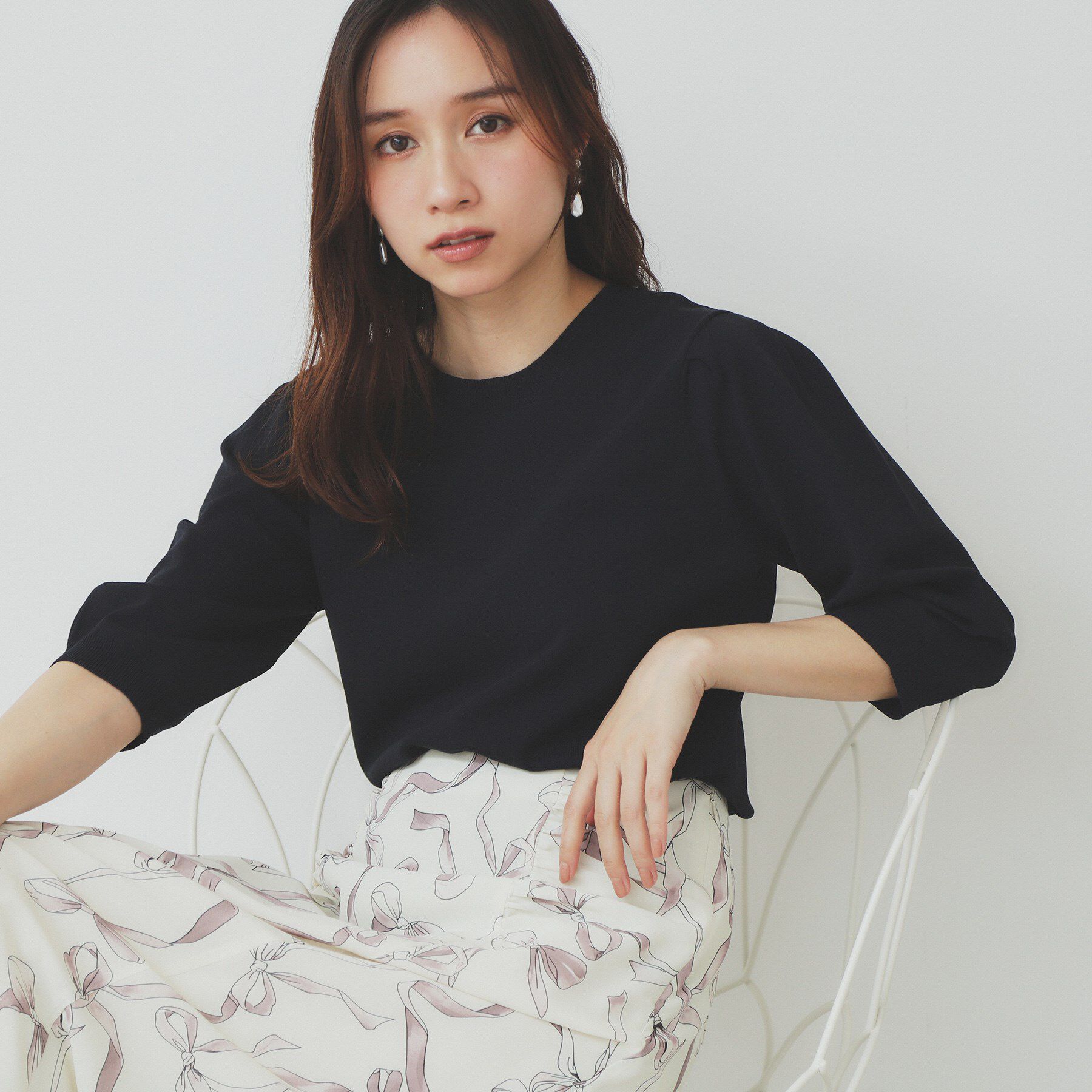 index「《7色展開／XS-LLサイズ》クルーネックデザインスリーブニット【洗濯機洗い可】」|ニット・セーター|ネイビー(094)