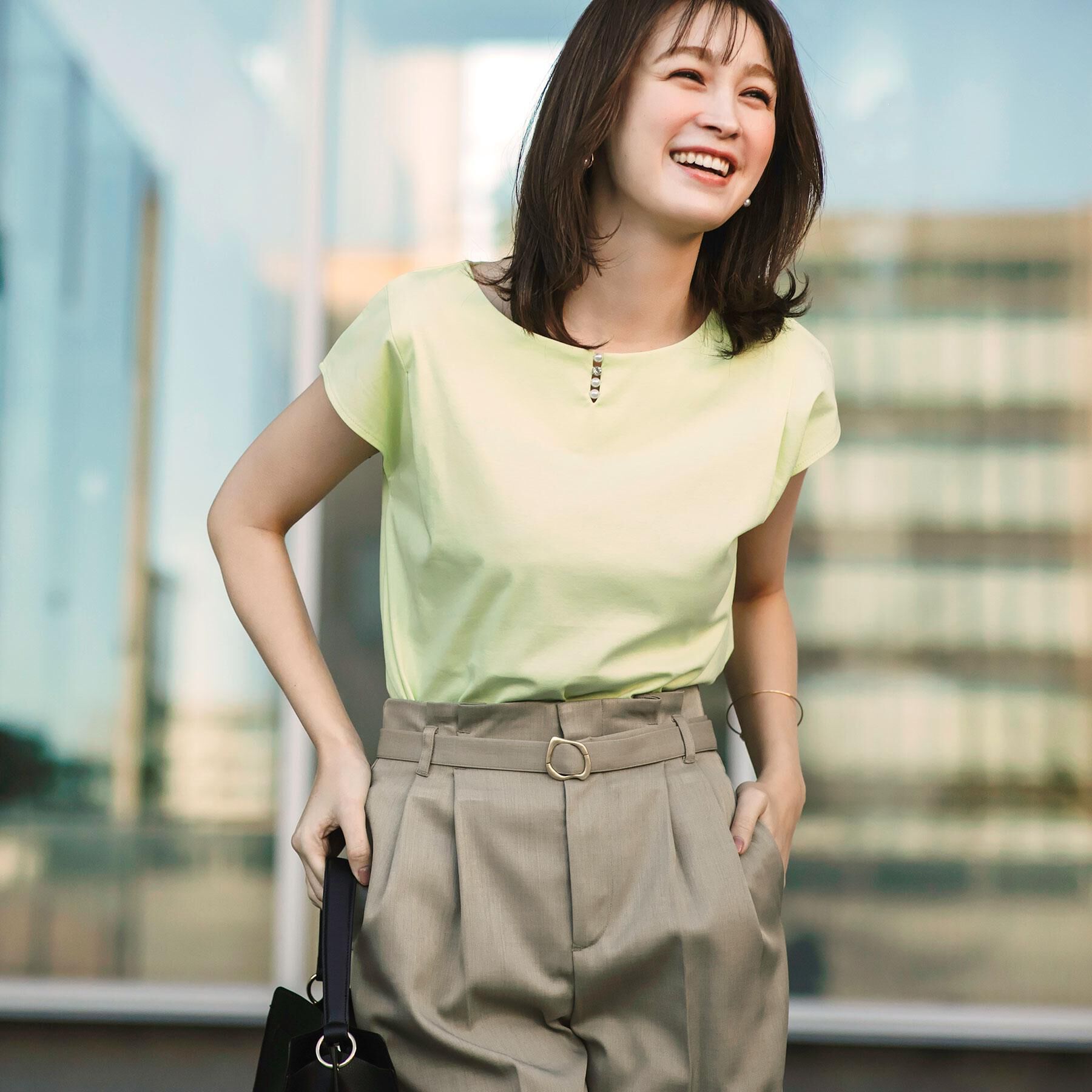 index「《6色展開／XS-3サイズ》キーネックビジュートップス【UV／接触冷感／洗濯機洗い可】」|Tシャツ・カットソー|ライトイエロー(03