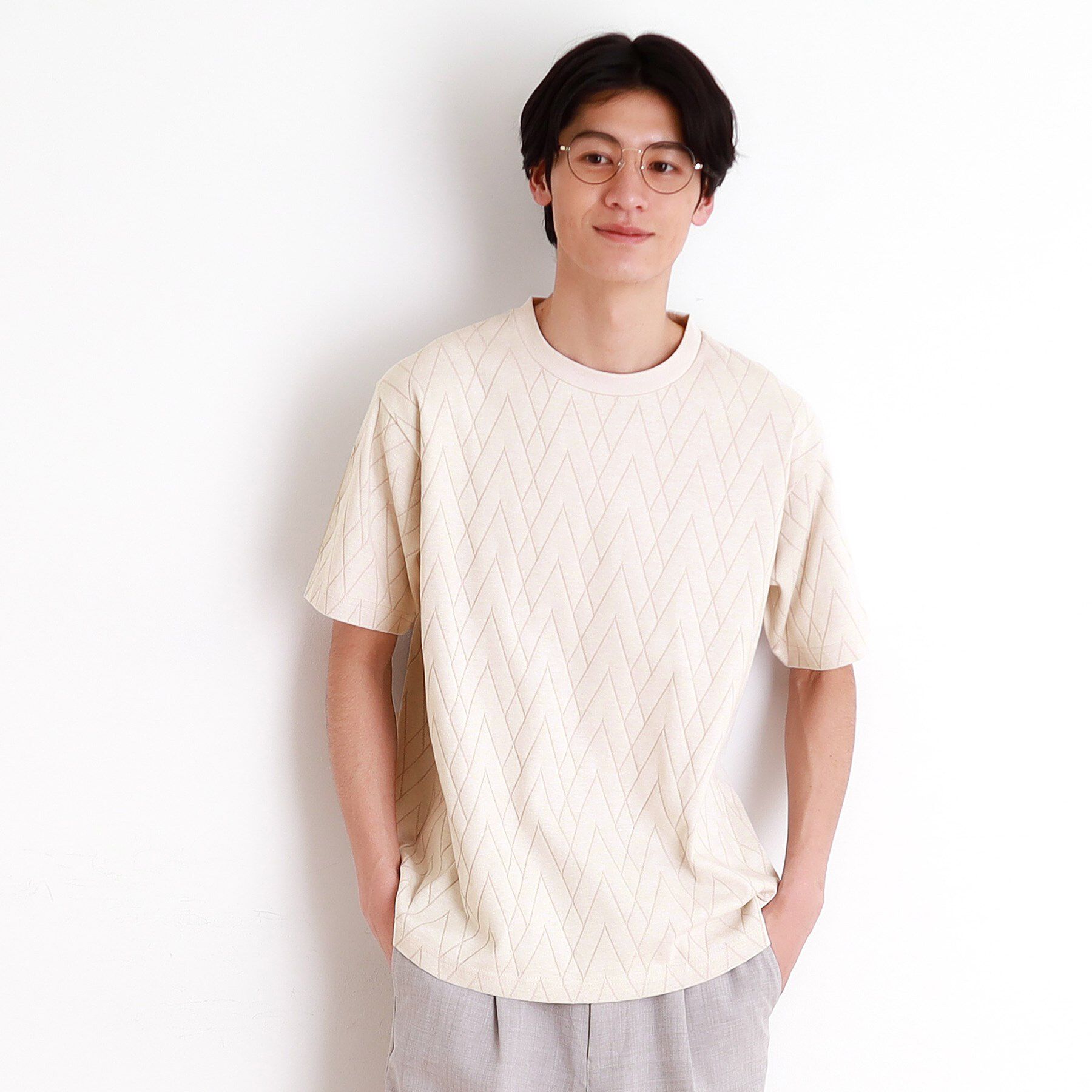 THE SHOP TK「ジオメトリック リンクス柄 半袖Ｔシャツ 洗濯機OK」|Tシャツ・カットソー|ライトベージュ(05