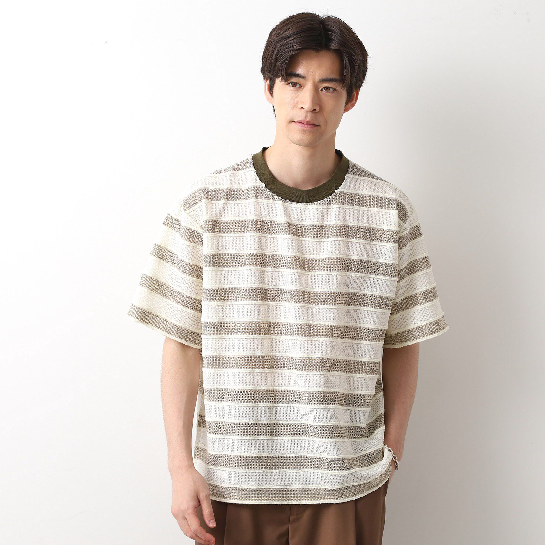 THE SHOP TK「変形ボーダー半袖Tシャツ【洗濯機OK】」|Tシャツ・カットソー|カーキ(327)