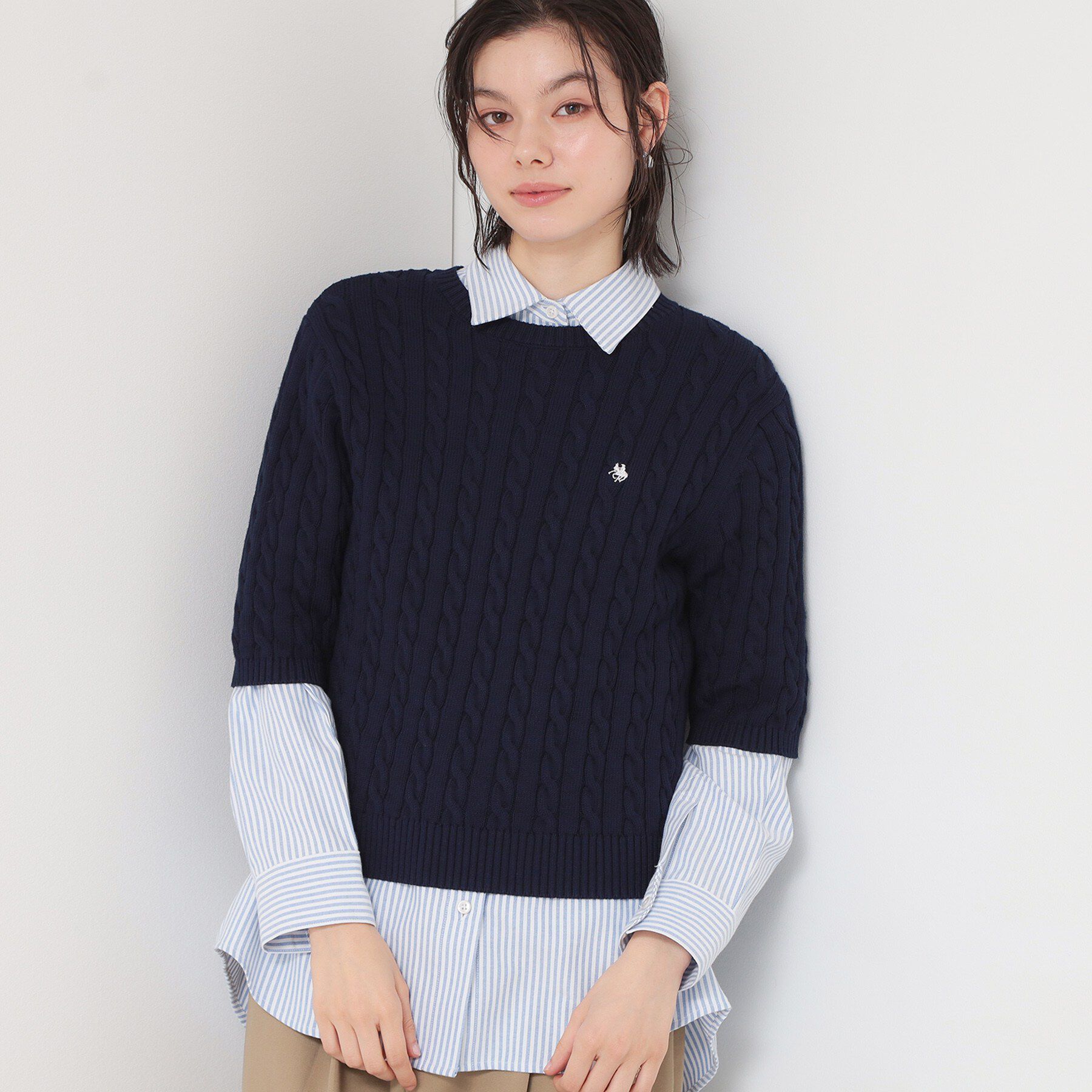 THE SHOP TK「【POLO BCS 別注】5分袖ケーブルニット」|ニット・セーター|ネイビー(094)