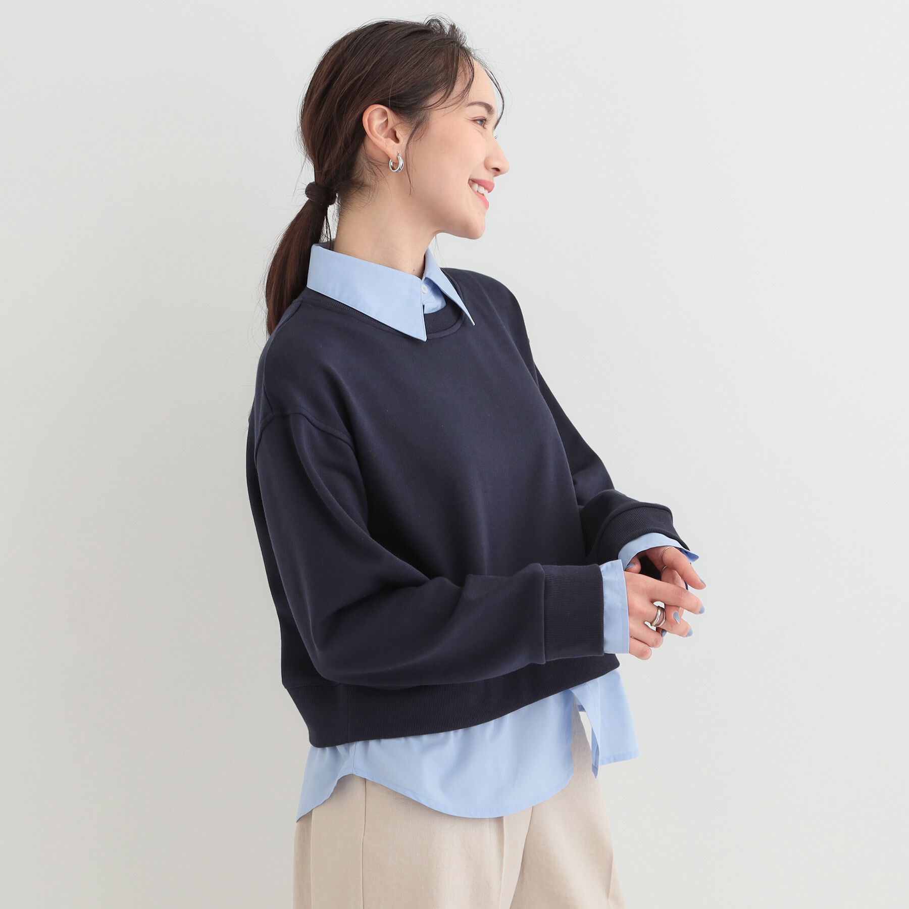 SHOO･LA･RUE「【洗濯機可】1枚でサマ見え シャツレイヤード風 スウェット」|パーカー|
