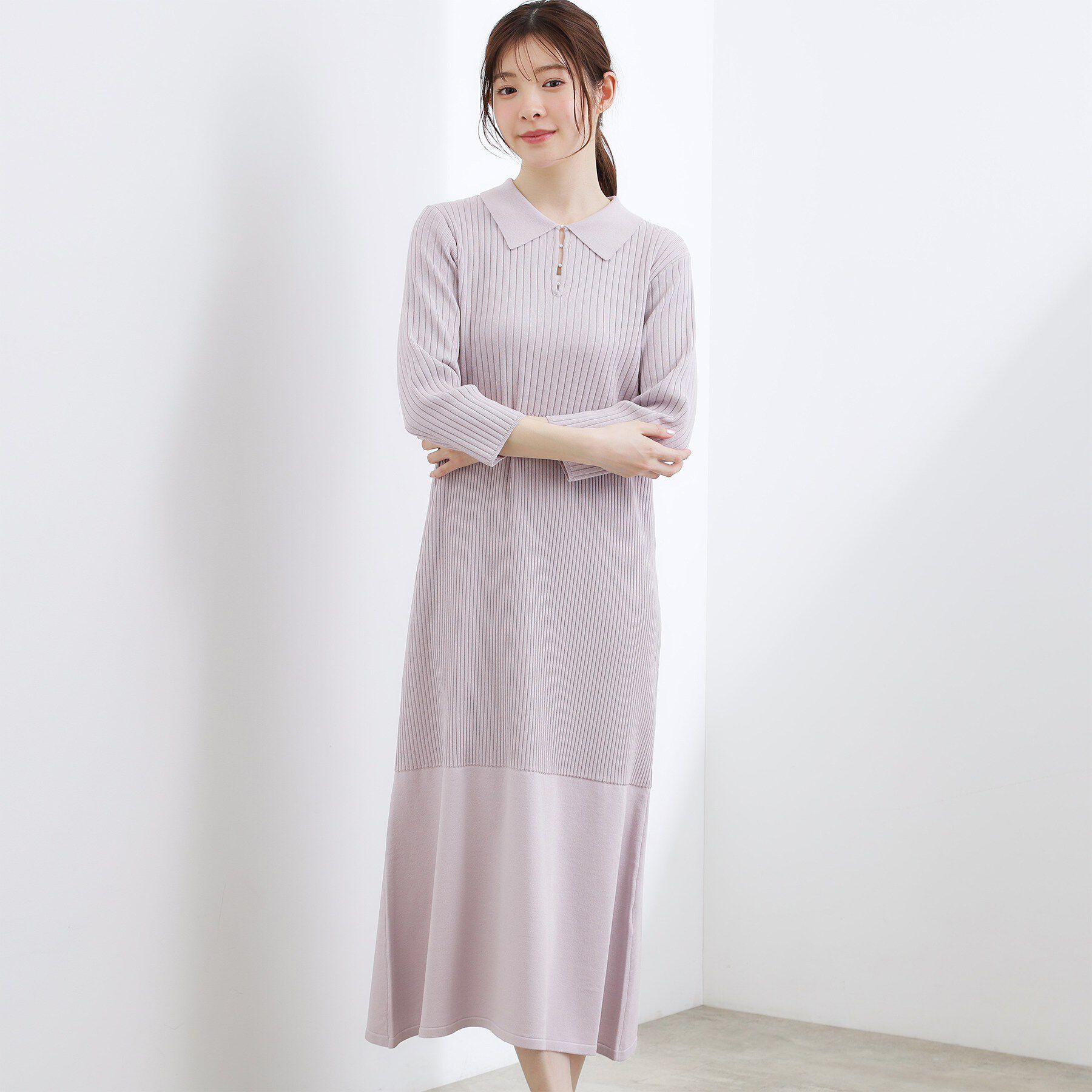grove「高評価！【洗える】大人の上品ポロニットワンピース」|ワンピース|ラベンダーグレー(0