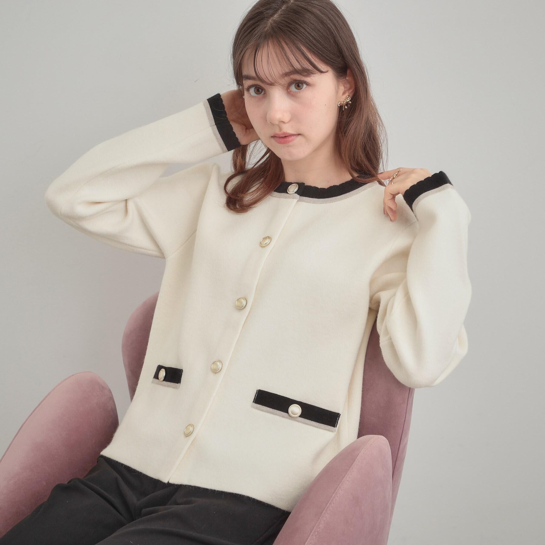 Couture broach「【通勤・大人上品】ムースタッチジャカード 配色スカラカーディ」|カーディガン|