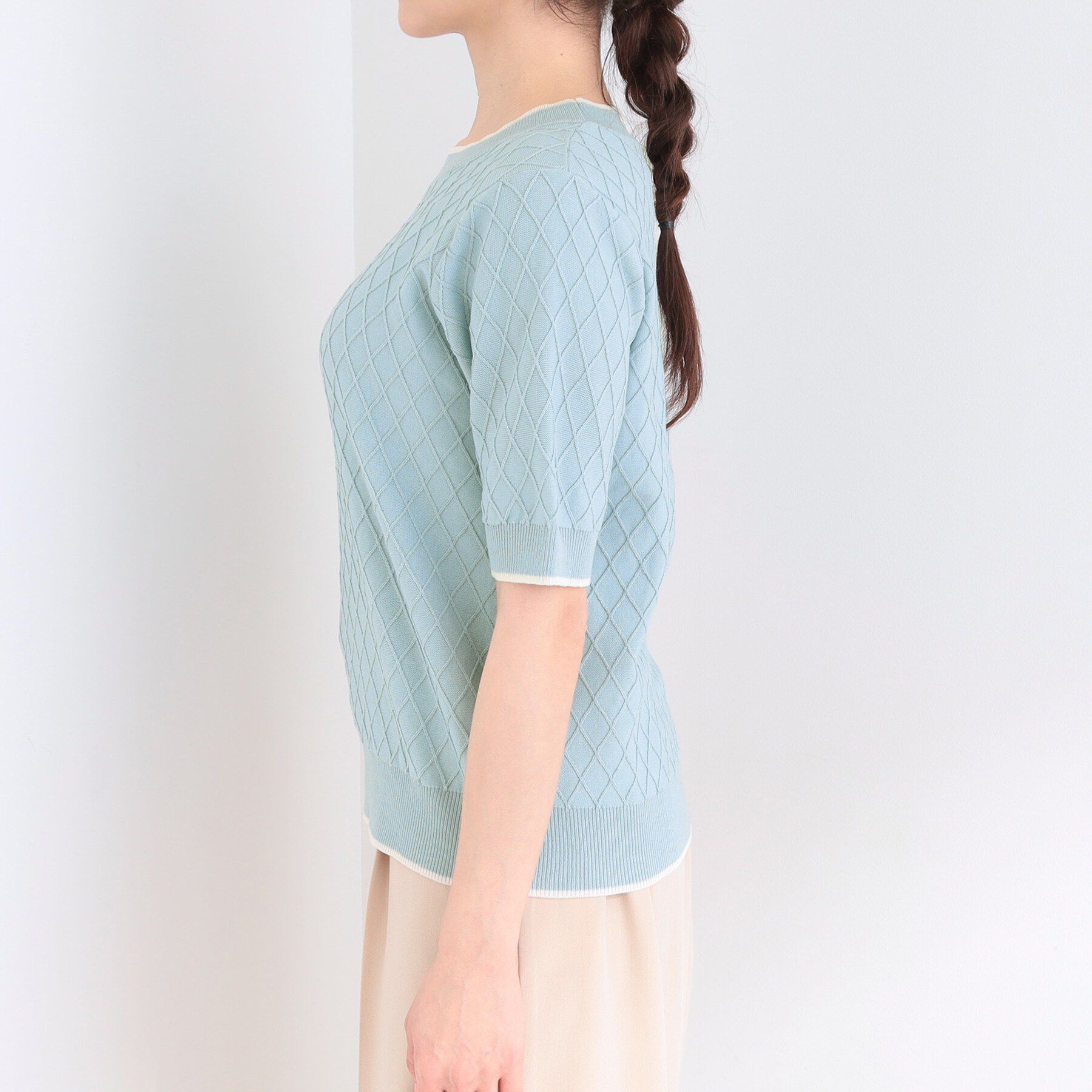 SHOO･LA･RUE「【洗濯機可/S-LL】ダイヤ編み柄が大人上品 配色半袖ニット」|ニット・セーター|