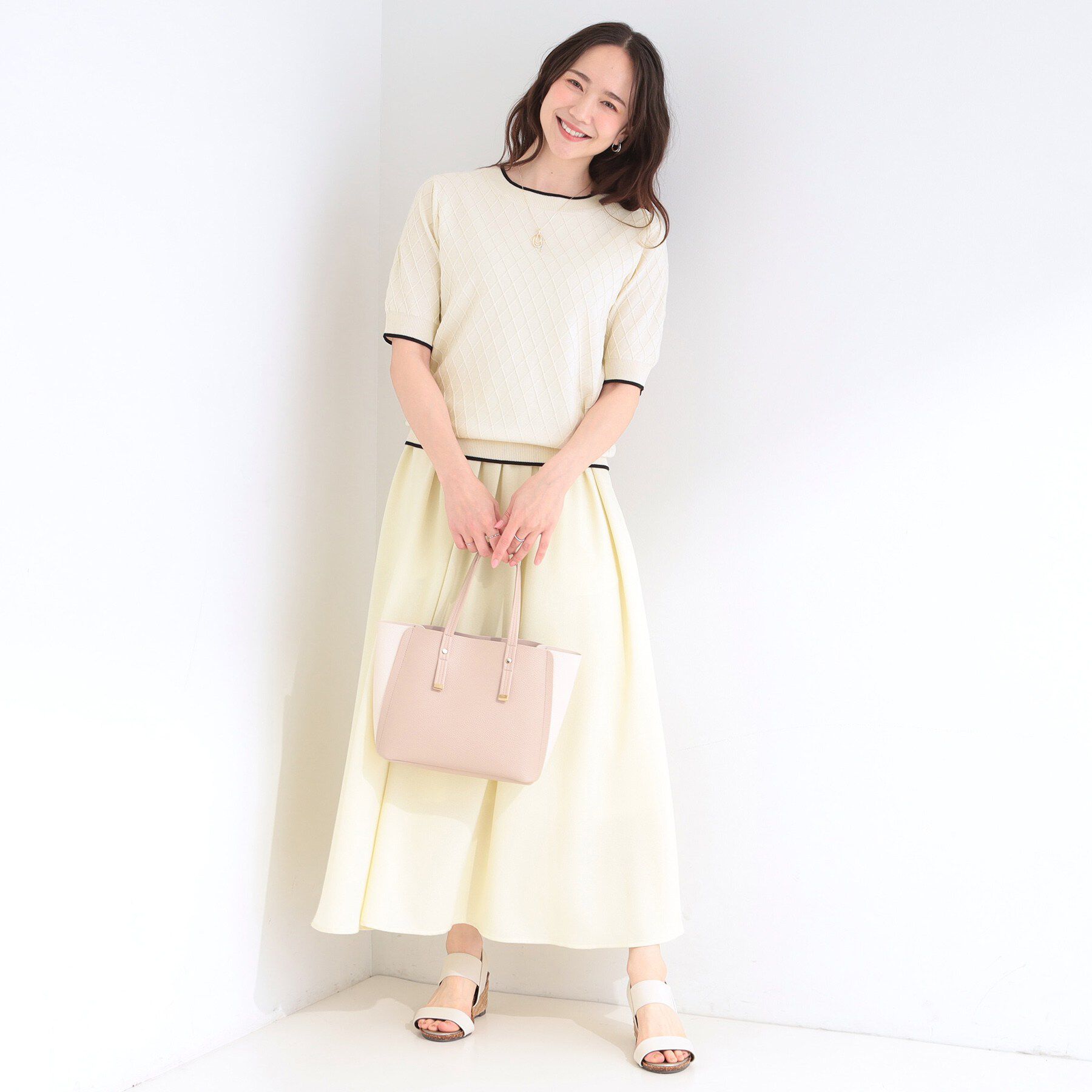 SHOO･LA･RUE「【洗濯機可/S-LL】ダイヤ編み柄が大人上品 配色半袖ニット」|ニット・セーター|