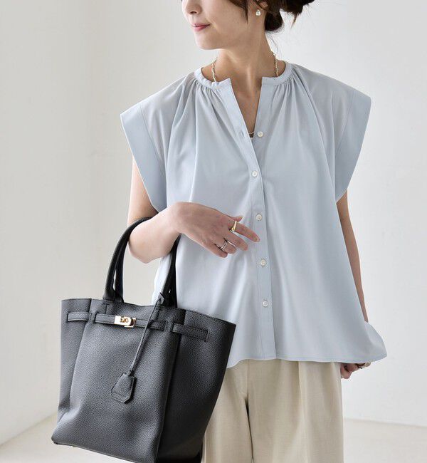 quaranciel「quaranciel:〈接触冷感/UVカット/吸水速乾/洗濯機可能〉スキッパー ギャザー シャツ カットソー」|シャツ・ブラウス|ライトブルー