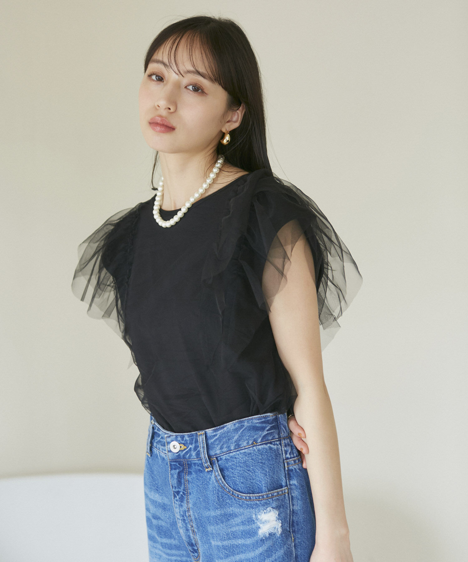 VIS「【洗える】バックリボンチュールドッキングプルオーバー」|Tシャツ・カットソー|