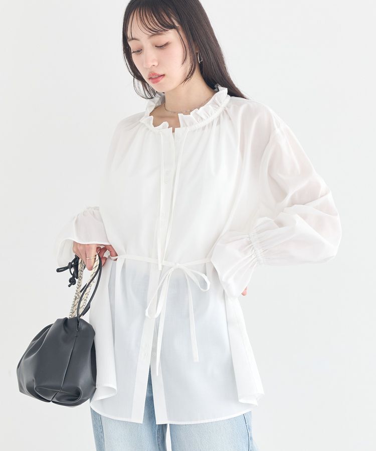 earth music&ecology「【接触冷感・イージーケア】TRキュプラダブルボタンフリルシャツ」|シャツ・ブラウス|Off White