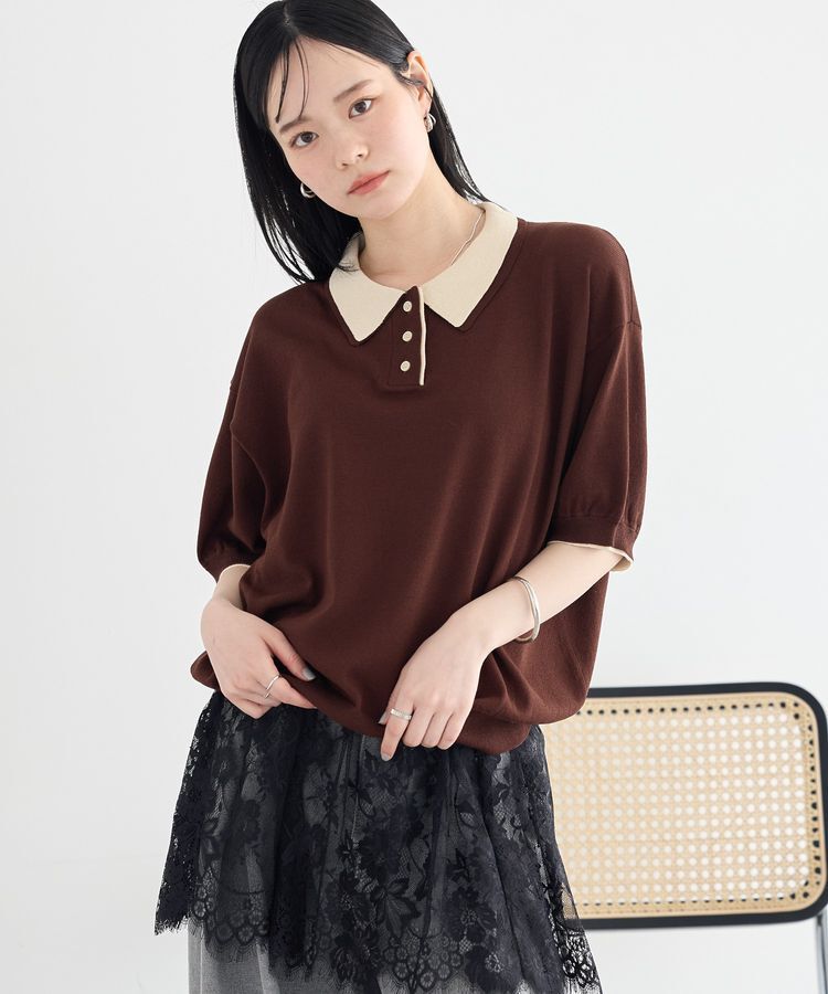 earth music&ecology「バイカラーポロニット」|ニット・セーター|Brown