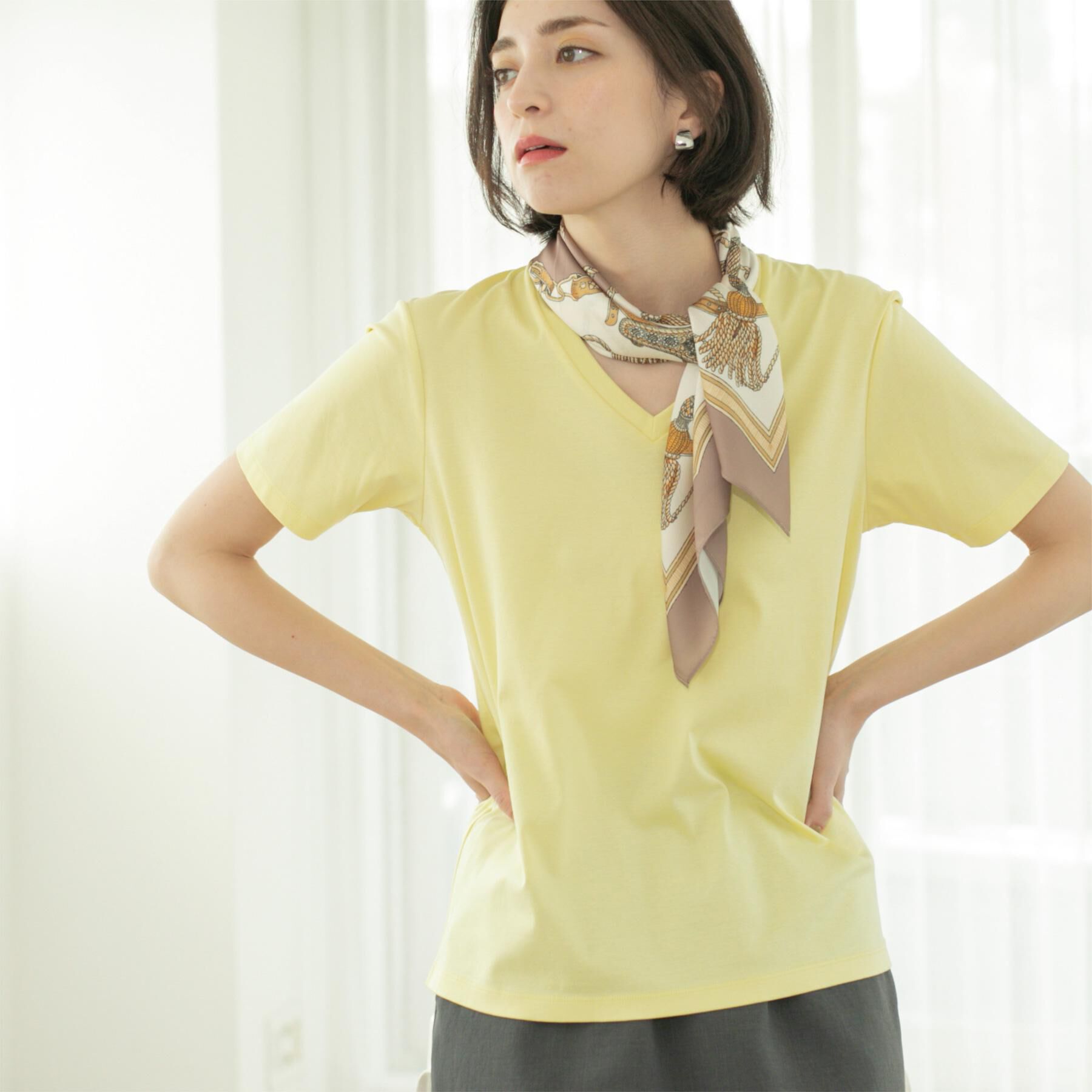 OPAQUE.CLIP「《5色展開／SS-LLサイズ》VネックベーシックTシャツ【接触冷感／洗濯機洗い可】」|Tシャツ・カットソー|ライトイエロー(83