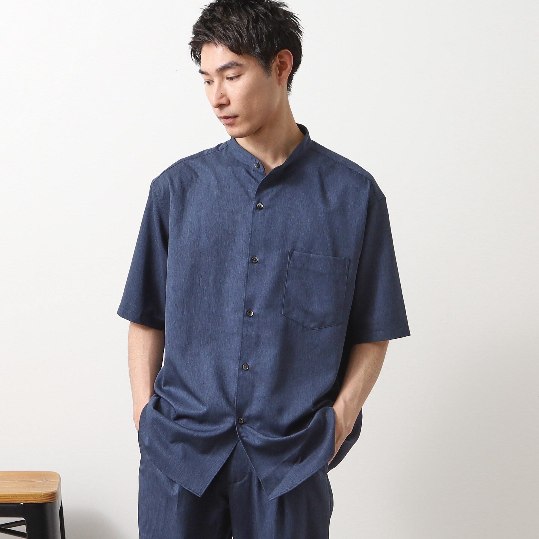 THE SHOP TK「クールファイバー バンドカラー半袖シャツ　接触冷感／吸水速乾／UVケア／軽量／セットアップ可」|シャツ・ブラウス|