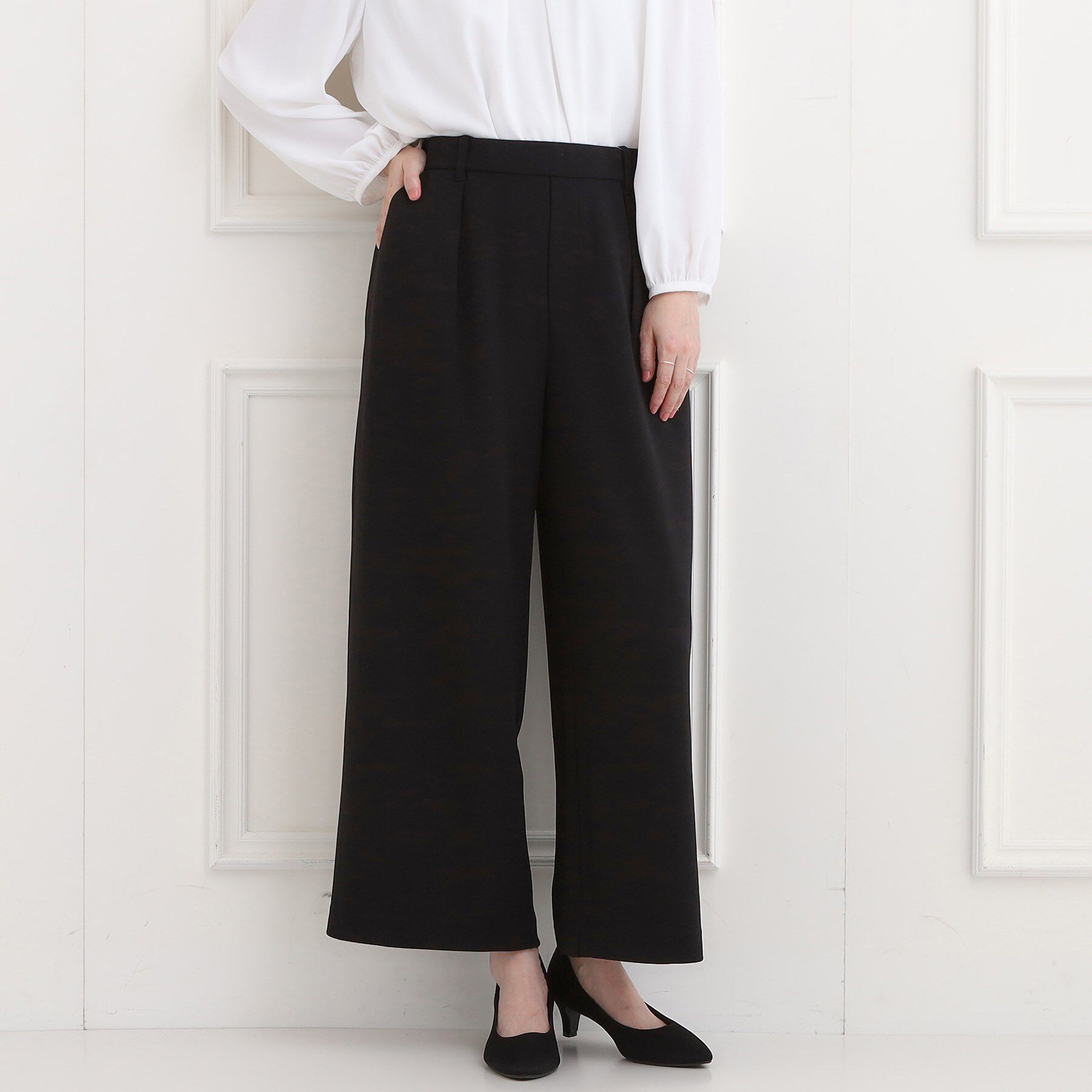 SHOO･LA･RUE「【洗濯機可/セットアップ可/S-3L】きちんと楽に。カットジョーゼットワイドパンツ」|その他|ブラック(019)