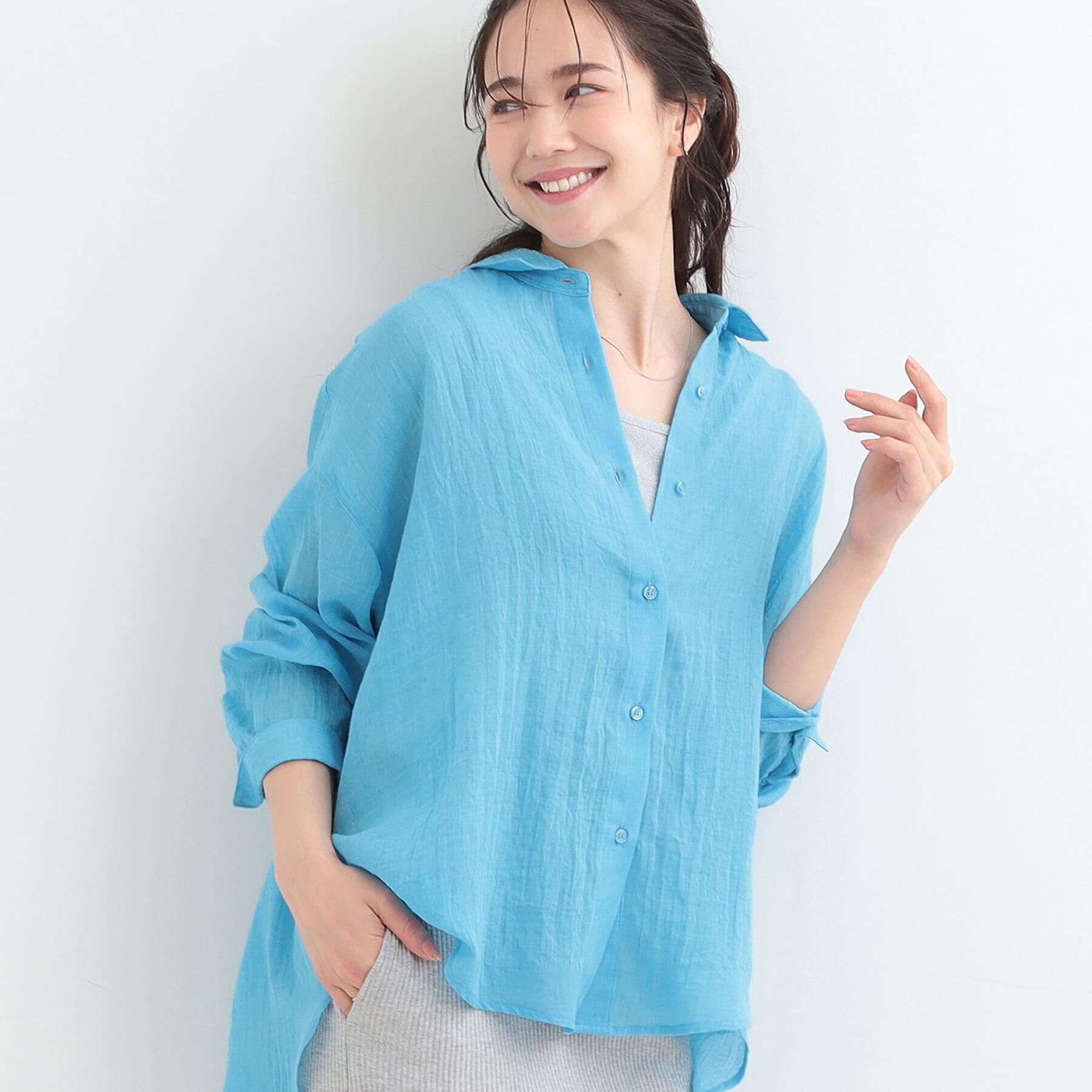 SHOO･LA･RUE「【体型カバー】こなれ感たっぷり やわらかゆるっとシアーシャツ」|シャツ・ブラウス|ブルー(092)