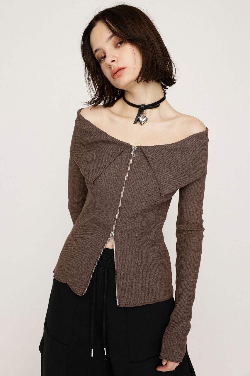 SLY「OFFSHOULDER FRONT ZIP トップス」|Tシャツ・カットソー|M/BRN7