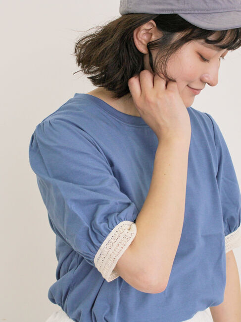 Samansa Mos2「【汗染み防止】袖口レースパフスリーブTシャツ」|Tシャツ・カットソー|