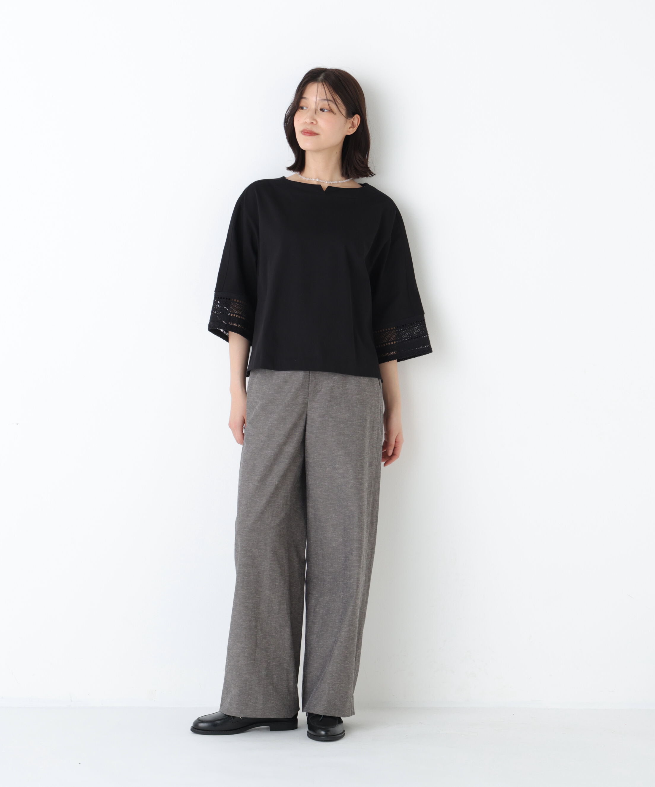  「◆袖レース強撚糸ＴＯＰＳ」|Tシャツ・カットソー|