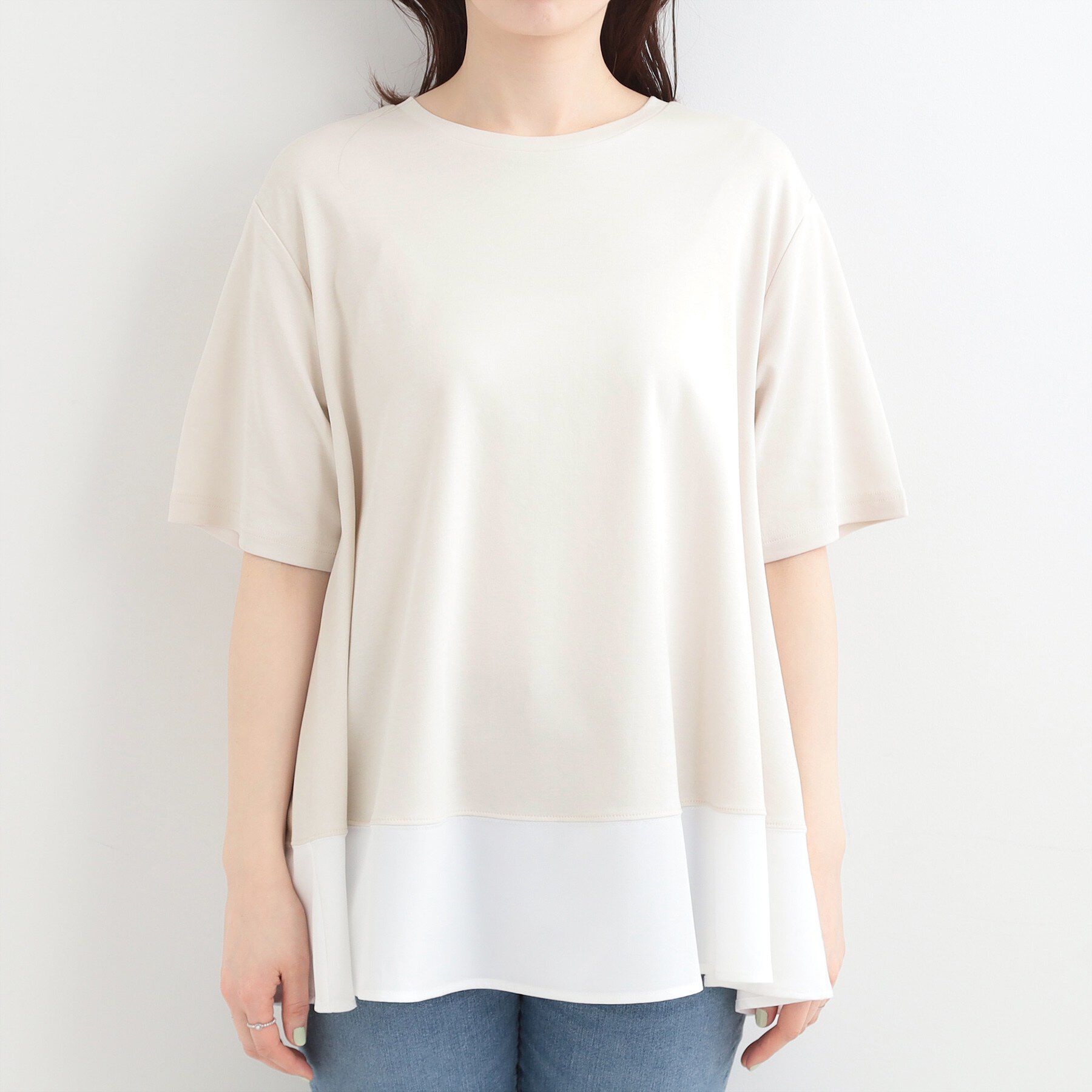 SHOO･LA･RUE「【ひんやり/UV/抗菌防臭】体型カバーも叶う　裾切り替えAライントップス」|Tシャツ・カットソー|
