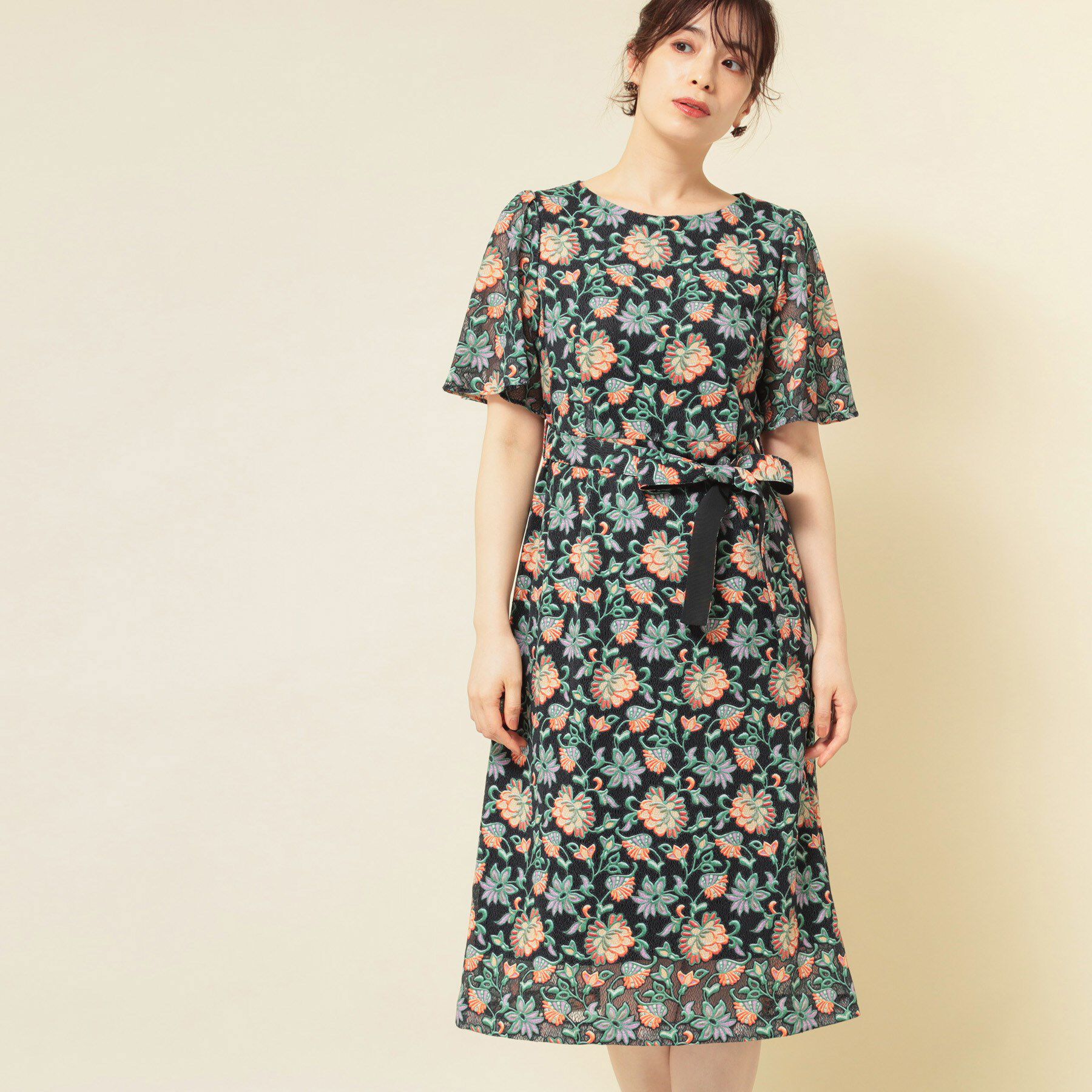 SunaUna「【オパール加工レース／リボン付き】フィット＆フレアワンピース」|ワンピース|ブラック(119)
