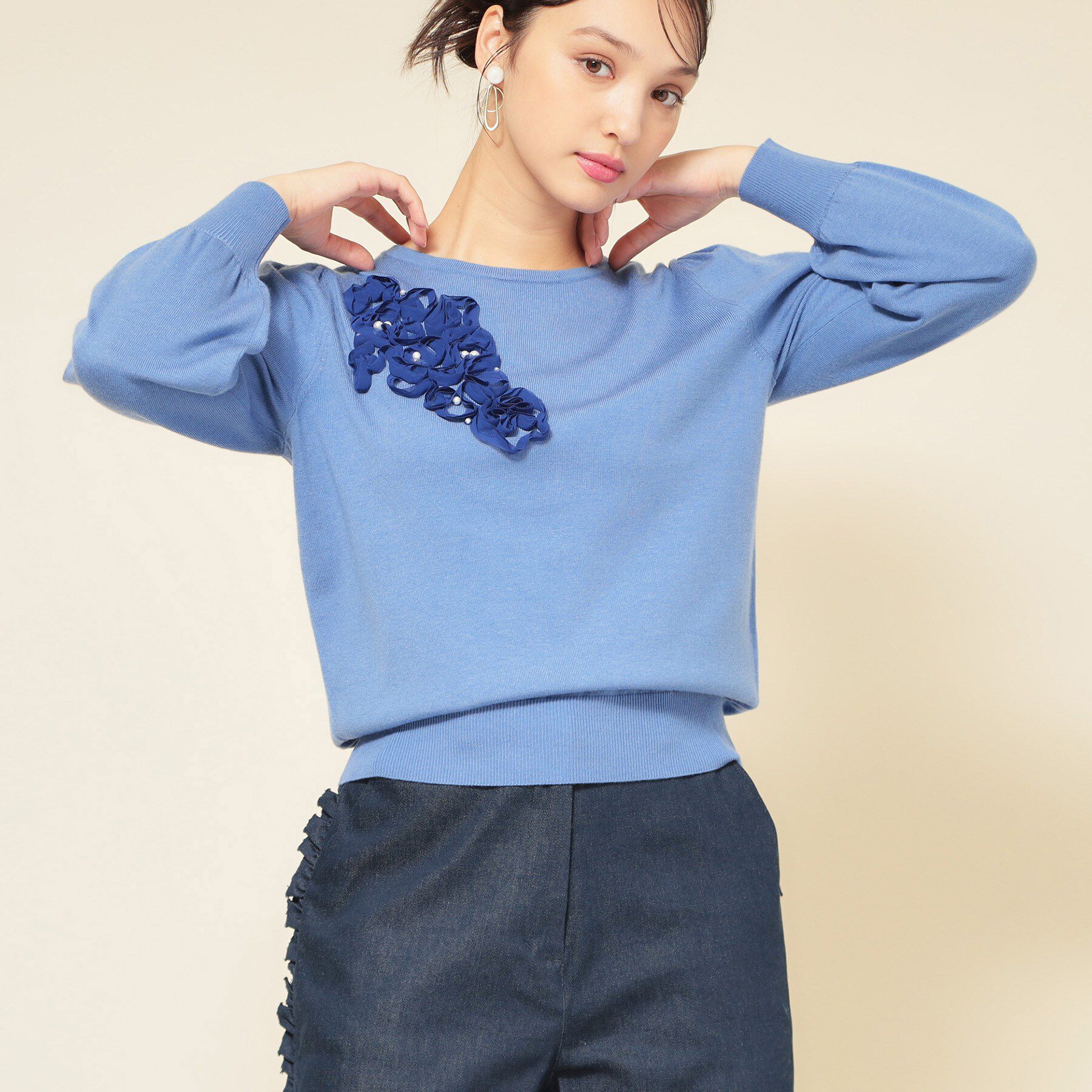 SunaUna「【SS～Lサイズ展開／チュール刺繍】クラフトニット」|ニット・セーター|ブルー(092)