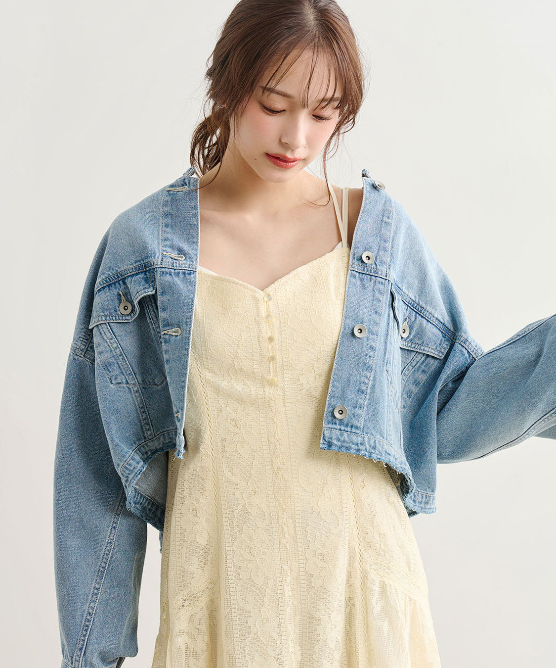 COCO DEAL「リメイク風ノーカラーGジャン」|デニムジャケット|