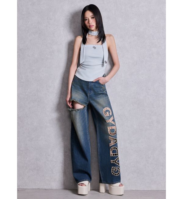 GYDA「ハイウエストGYDA CUT OUT SIDE RIPPEDデニムパンツ」|デニム|