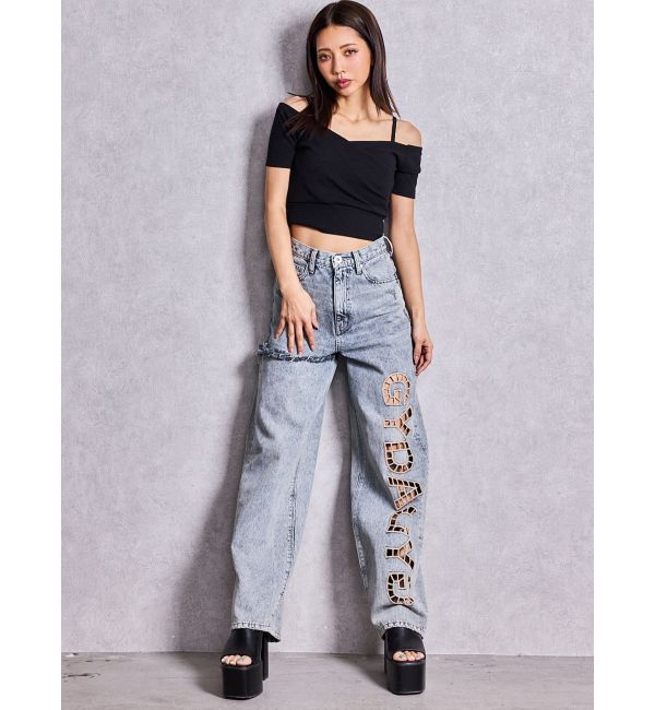 GYDA「ハイウエストGYDA CUT OUT SIDE RIPPEDデニムパンツ」|デニム|