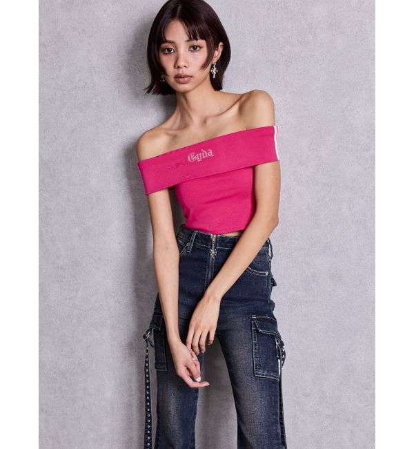 GYDA「Gyda bijouサイドラインオフショルショートTOPS」|Tシャツ・カットソー|