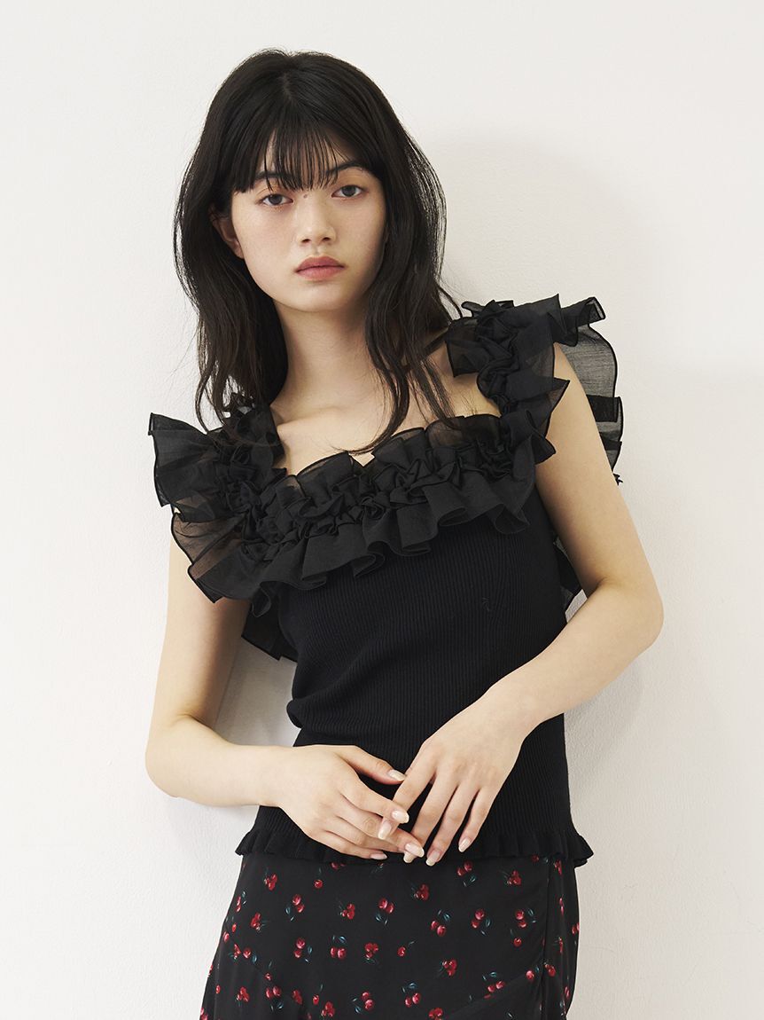 LILY BROWN「デコレーションフリルニットトップス」|ニット・セーター|BLK