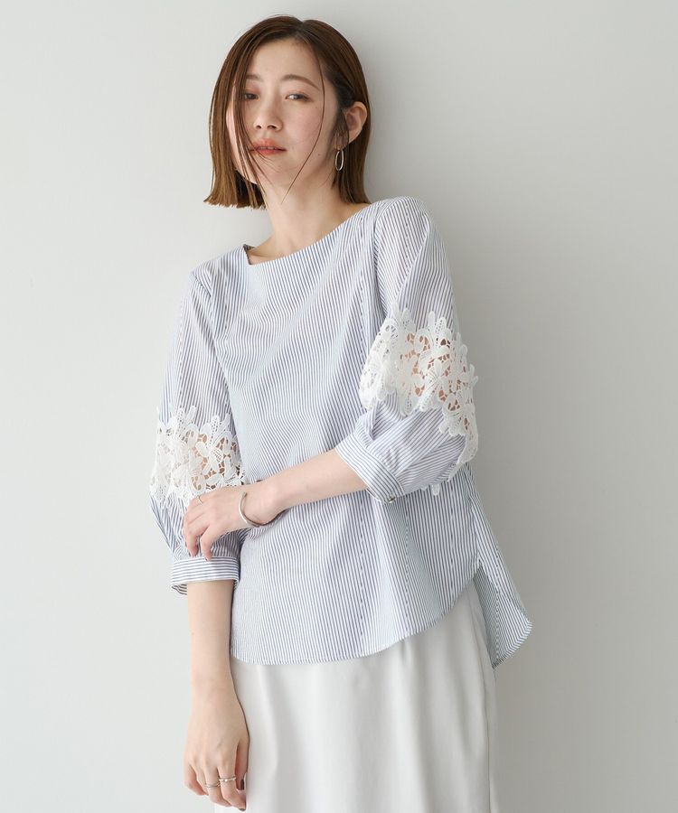 YECCA VECCA「ストライプ柄レース切替ブラウス」|シャツ・ブラウス|Off White