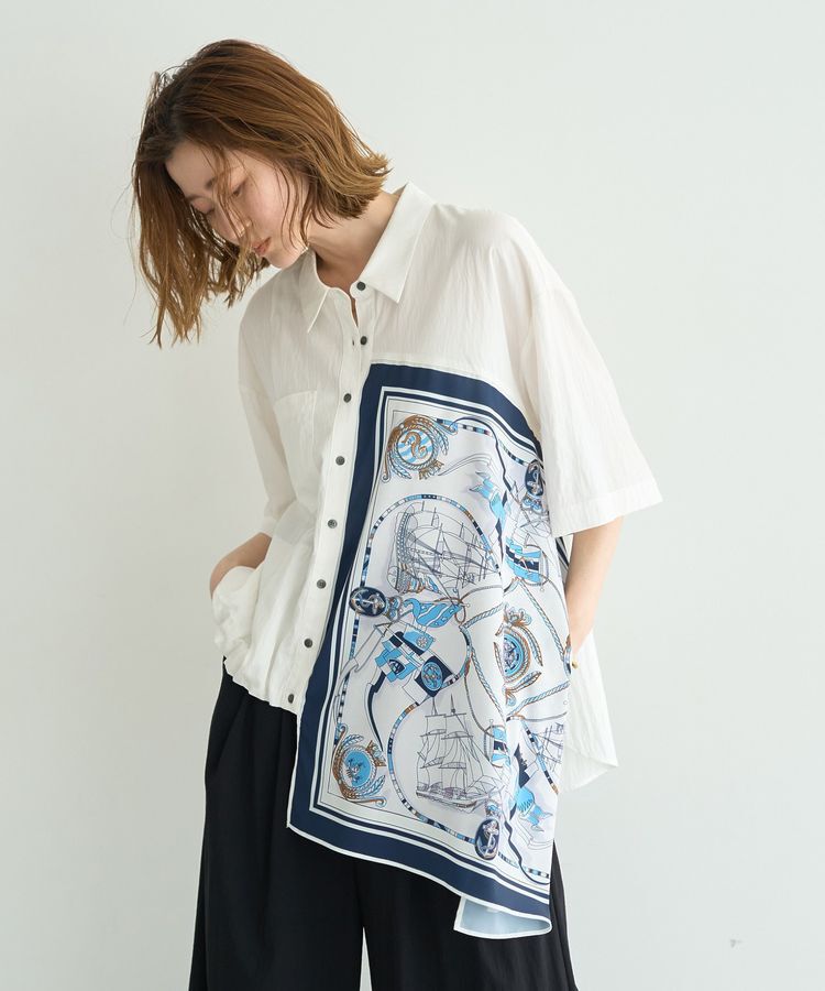 Editt by YECCA VECCA「スカーフデザインアシメハーフスリーブシャツ」|シャツ・ブラウス|White