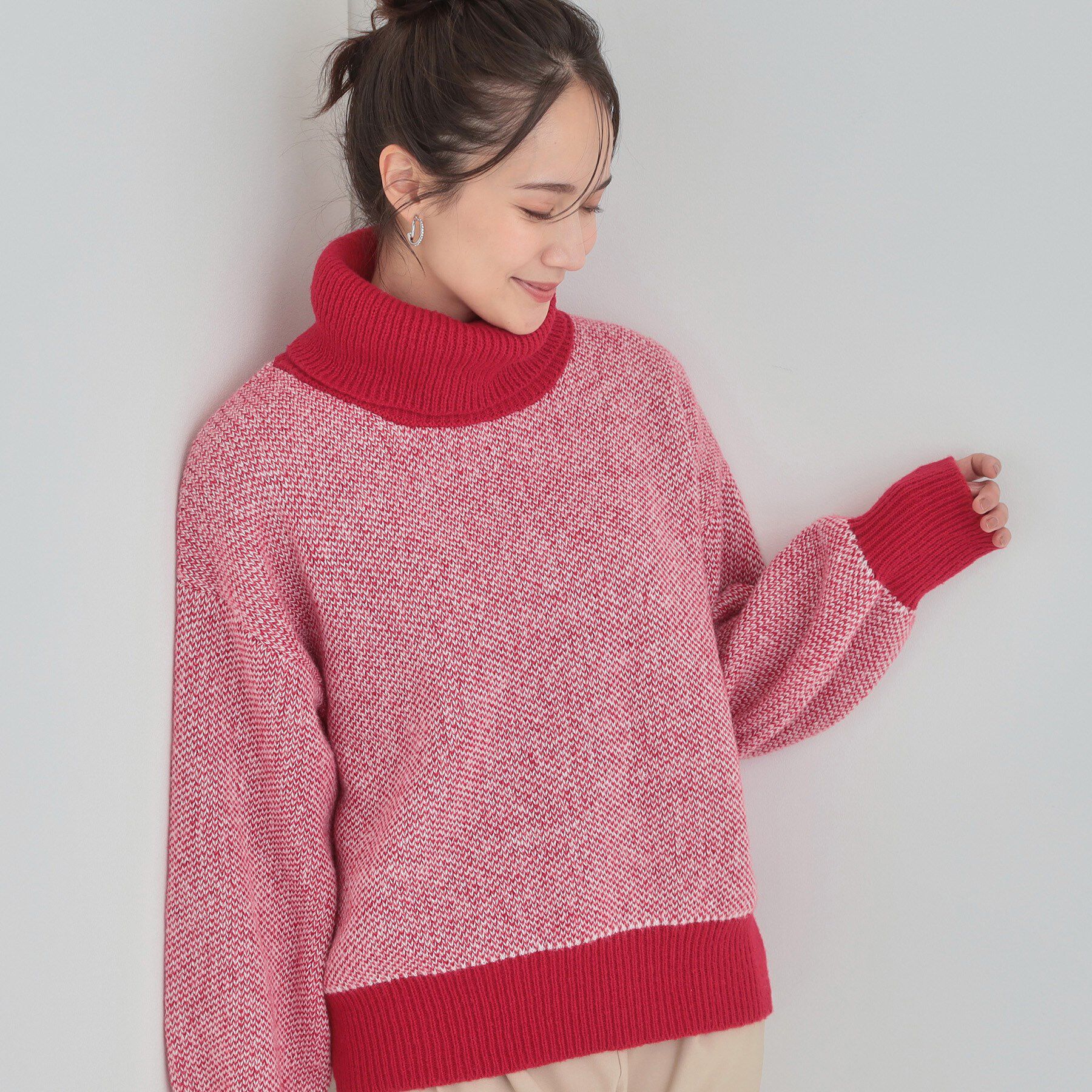 SHOO･LA･RUE「【S-LL/高レビュー】さりげないラメ感 配色ジャカード タートルネックニット」|ニット・セーター|レッド(063)