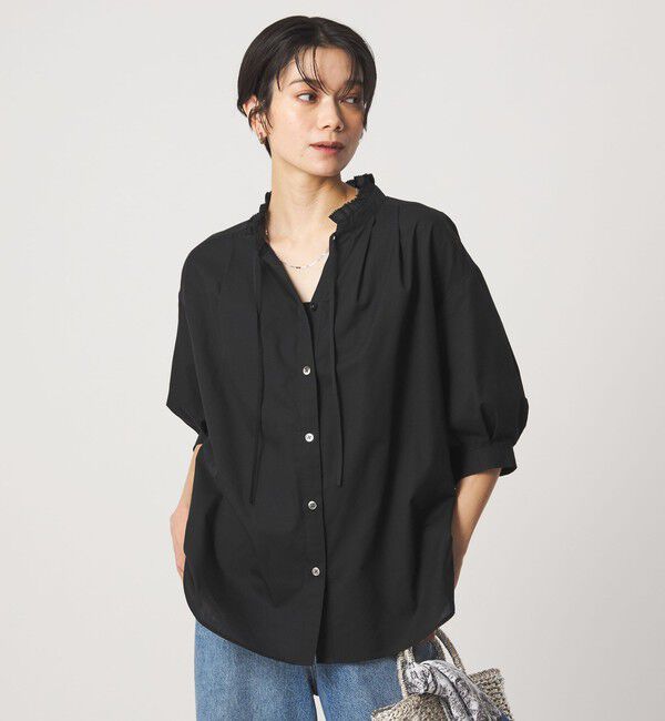 UNITED ARROWS green label relaxing「フリル ネック ショートスリーブ ブラウス」|シャツ・ブラウス|BLACK