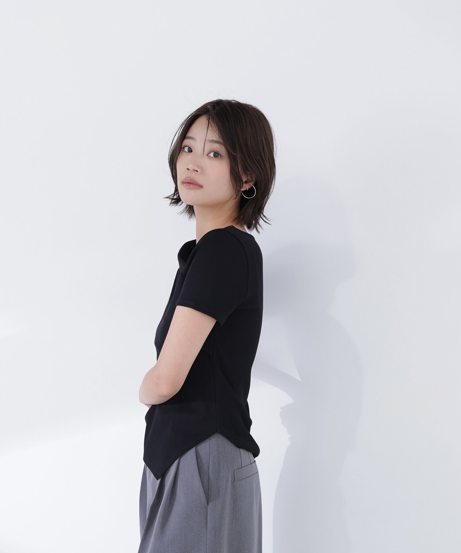  「アシメネックリブカットソー」|Tシャツ・カットソー|
