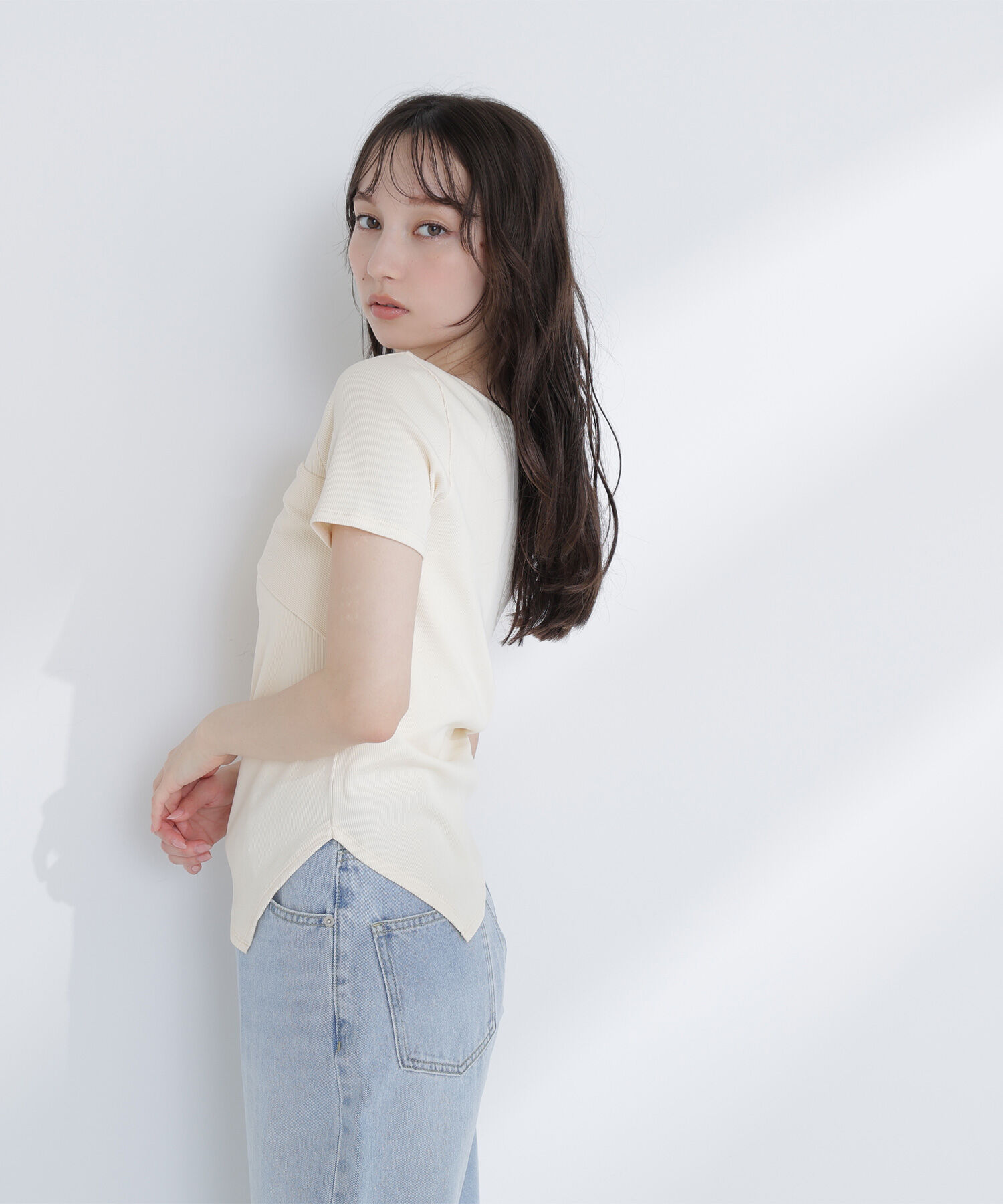 「アシメネックリブカットソー」|Tシャツ・カットソー|