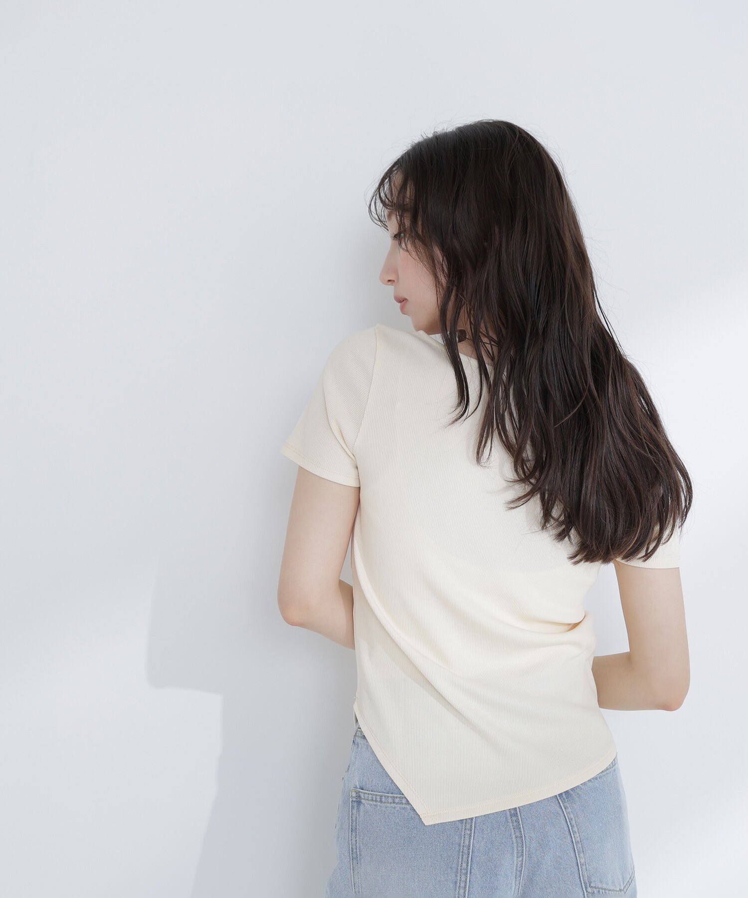  「アシメネックリブカットソー」|Tシャツ・カットソー|