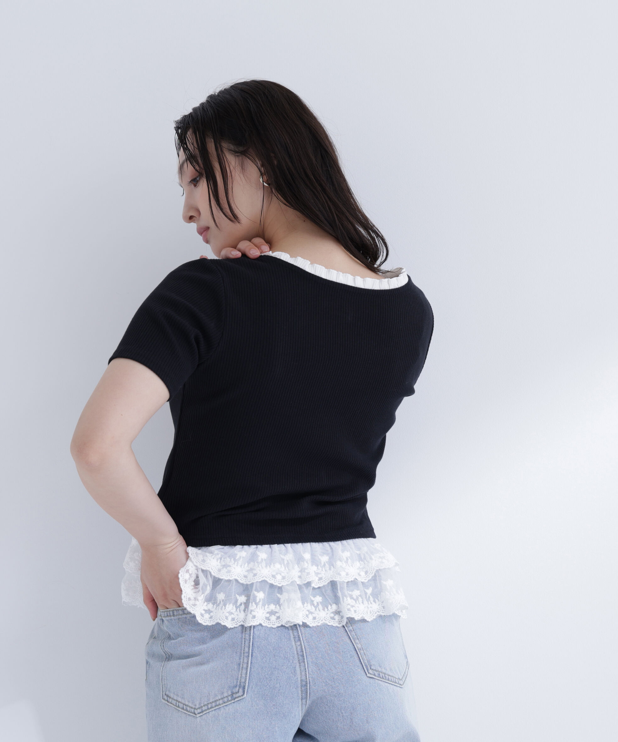  「レースドッキングフリルカットソー」|Tシャツ・カットソー|