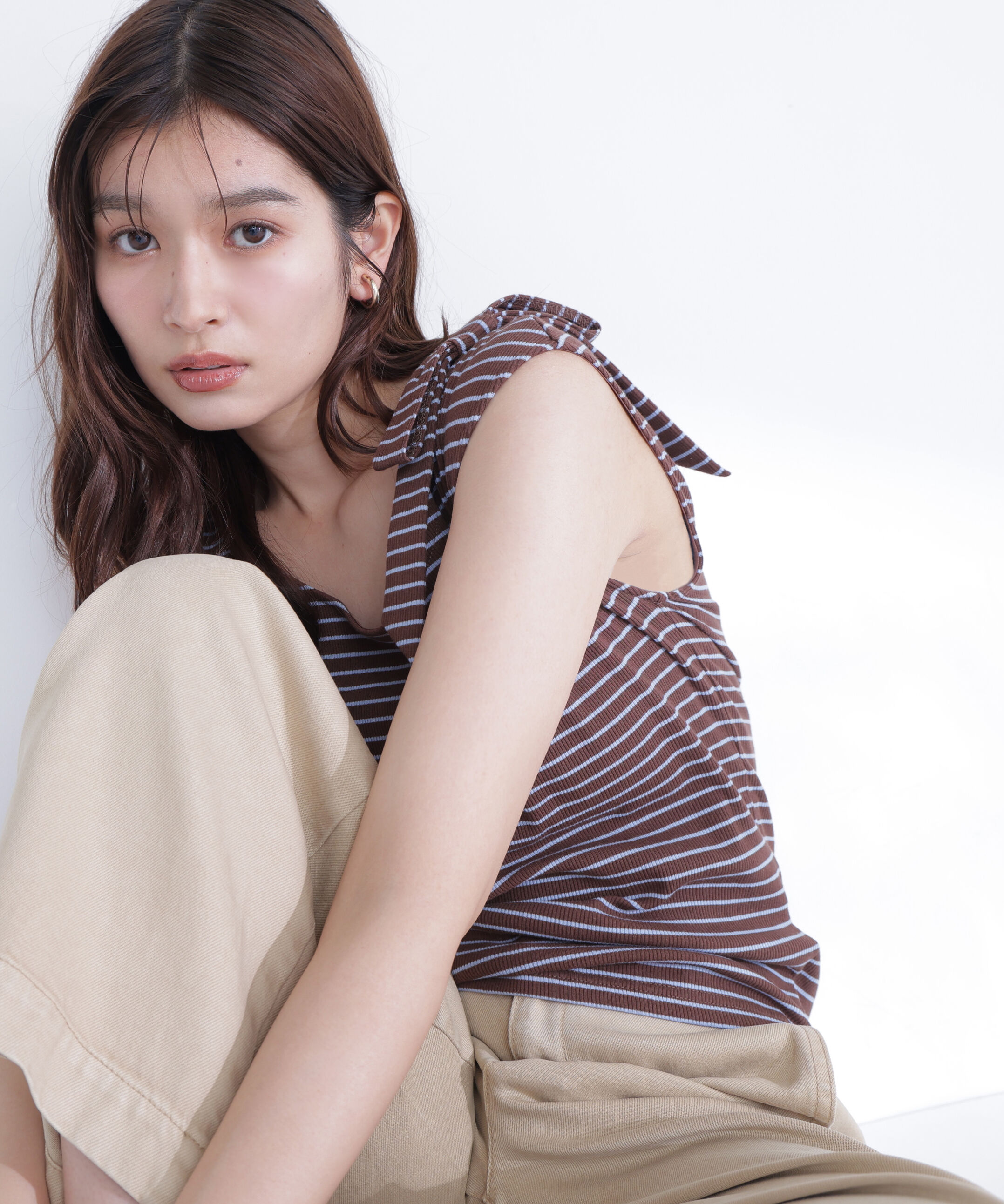  「ショルダーリボンボーダートップス」|Tシャツ・カットソー|ダークブラウ 2