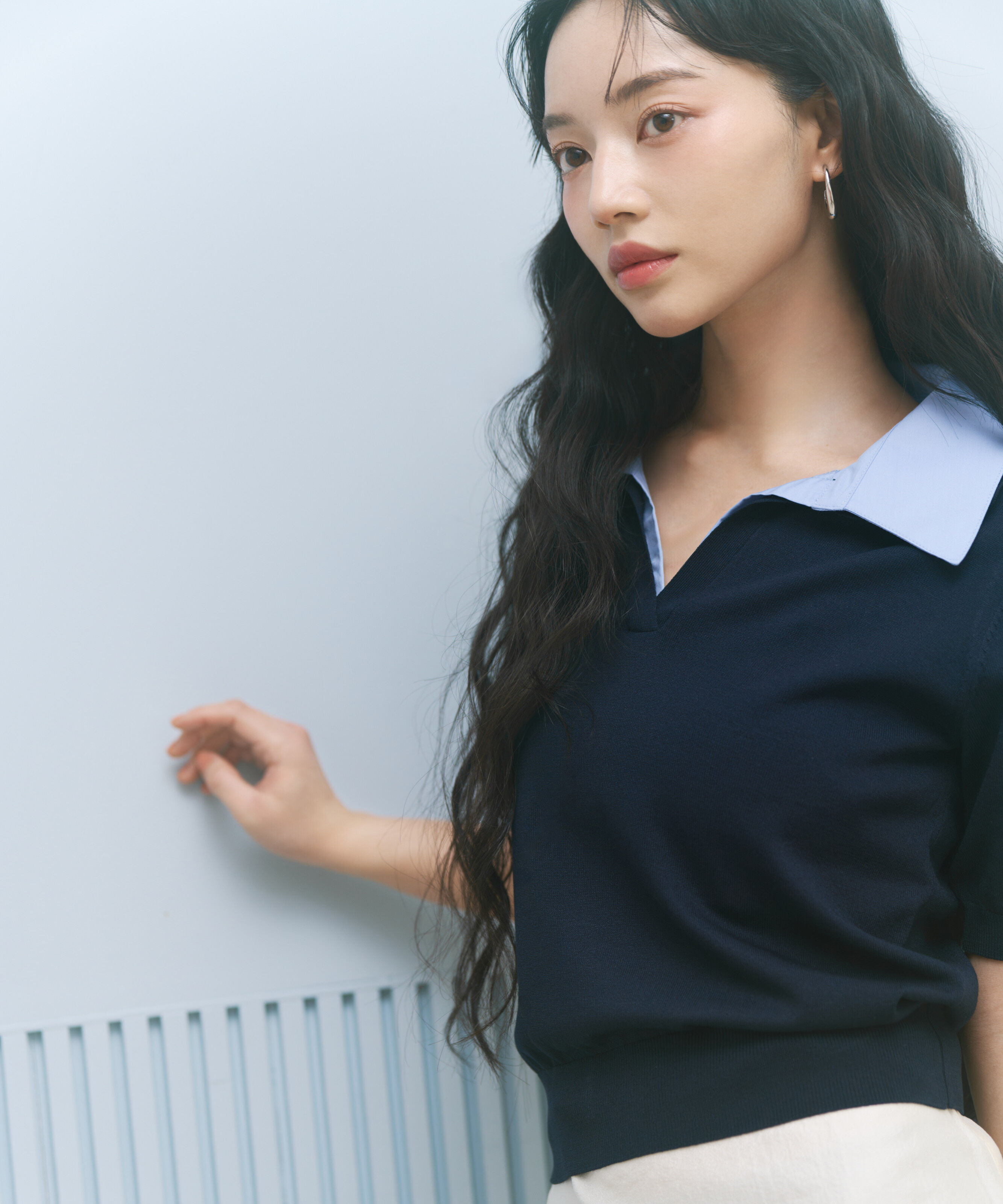 PROPORTION BODY DRESSING「〈a/mie〉レイヤード風ポロニット 26SS」|カーディガン|ネイビー&times;ブル
