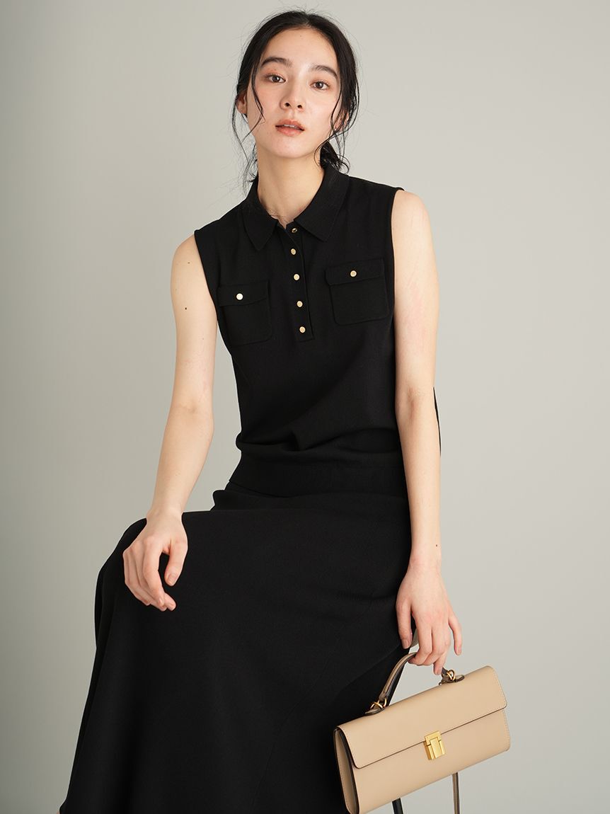 Mila Owen「【WEB限定カラー】【UVカット】金釦ノースリポロニットスカートSET UP」|ワンピース|