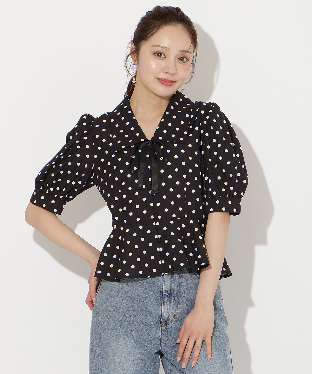 WILLSELECTION「パフスリーブペプラムブラウス」|シャツ・ブラウス|black/borderｽﾄﾗｲﾌﾟ