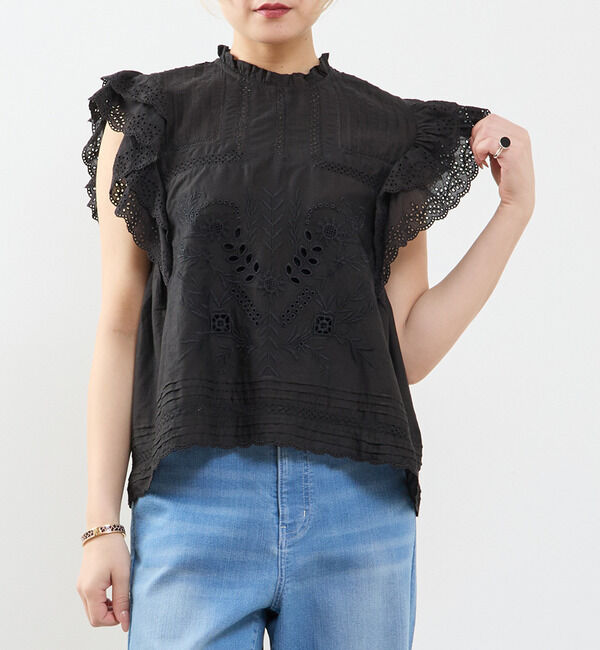 SOFFITTO「スカラ刺繍フリルブラウス」|シャツ・ブラウス|ブラック