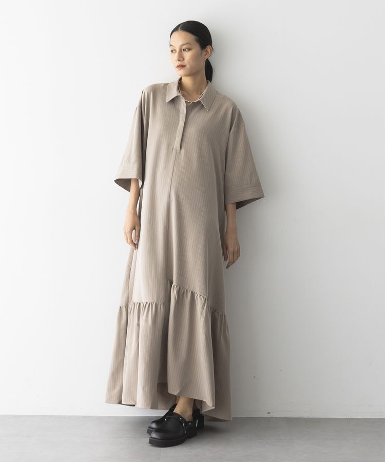 GARAGE OF GOOD CLOTHING「ストライプアシンメトリー７分袖ワンピース」|ワンピース|ストライプベージュ
