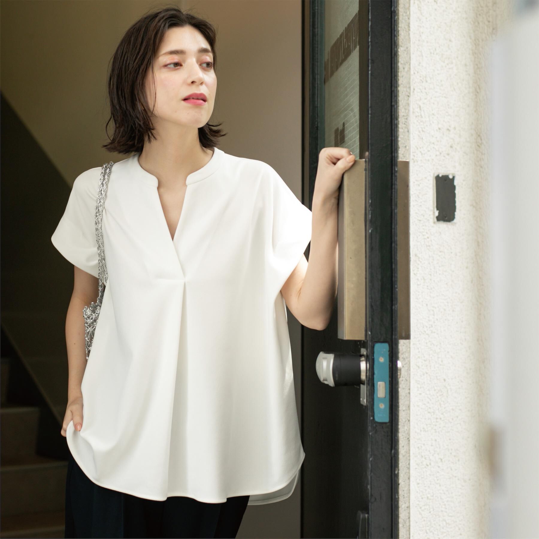 OPAQUE.CLIP「スキッパーフレンチスリーブトップス【UV／吸水速乾／洗濯機洗い可】」|Tシャツ・カットソー|